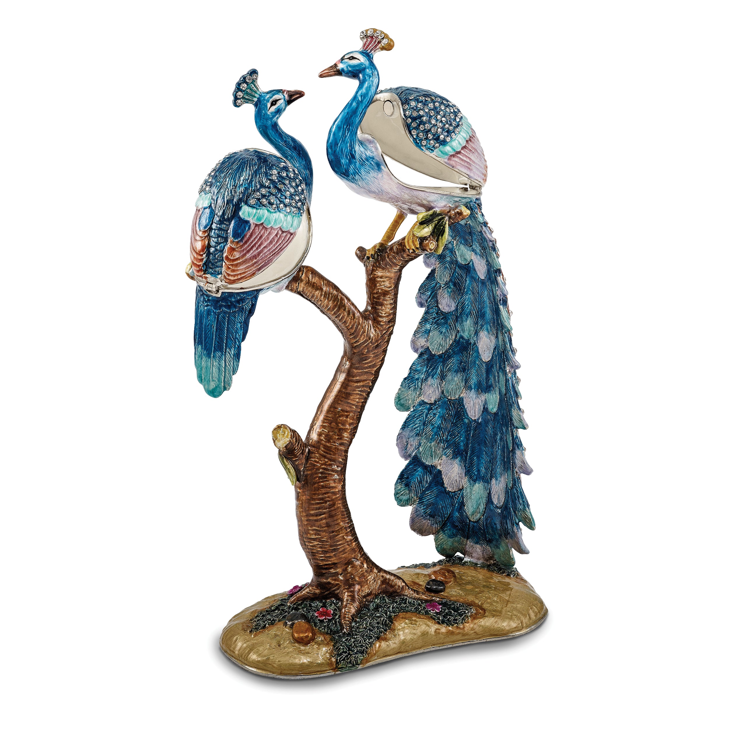 Luxury Giftware Pewter Bejeweled Crystals Silver-tone Enameled ROMEO & JULIET Peacock & Peahen Lovers Trinket Box with Matching 18 Inch Necklace