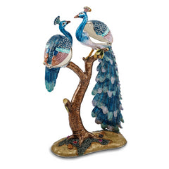 Luxury Giftware Pewter Bejeweled Crystals Silver-tone Enameled ROMEO & JULIET Peacock & Peahen Lovers Trinket Box with Matching 18 Inch Necklace