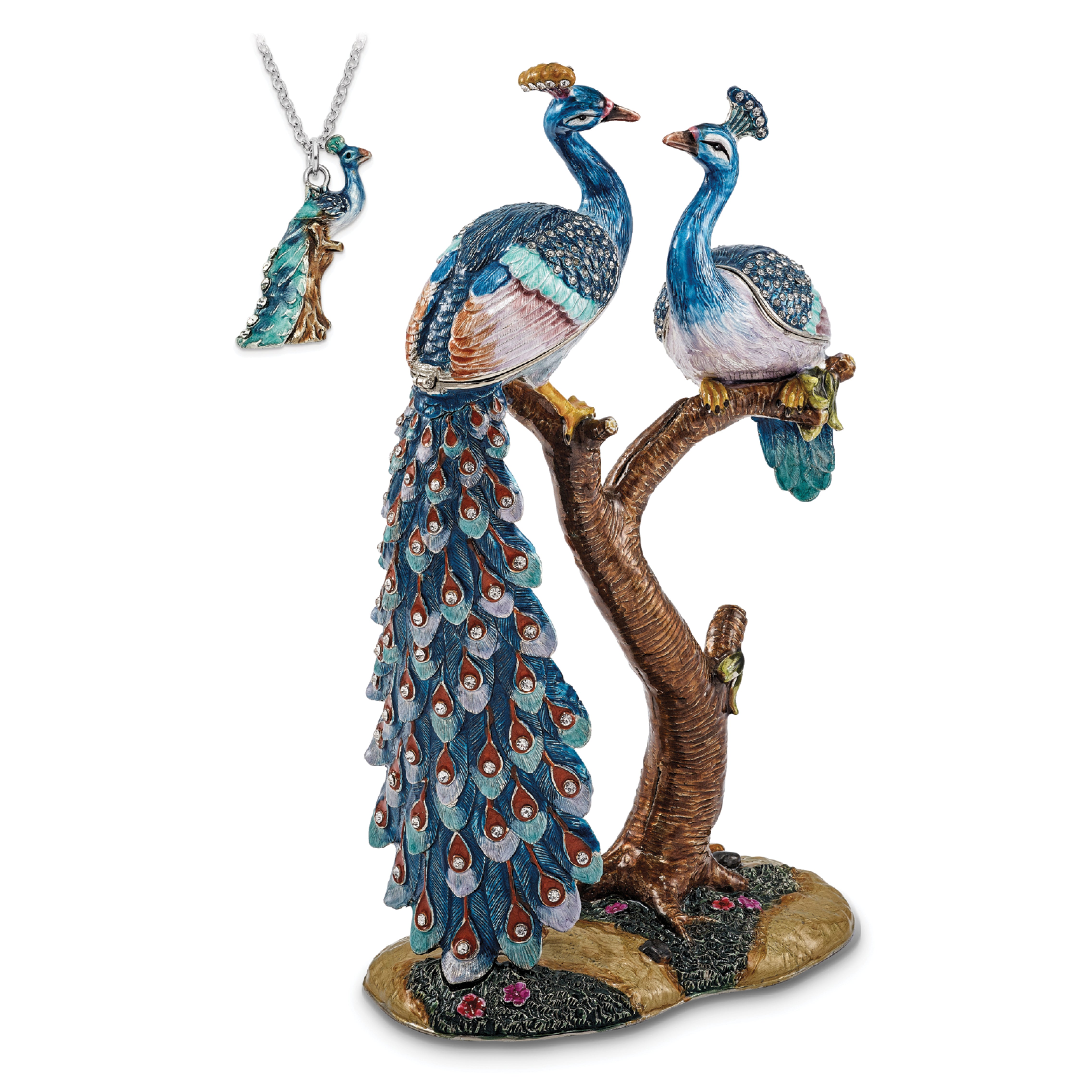Luxury Giftware Pewter Bejeweled Crystals Silver-tone Enameled ROMEO & JULIET Peacock & Peahen Lovers Trinket Box with Matching 18 Inch Necklace