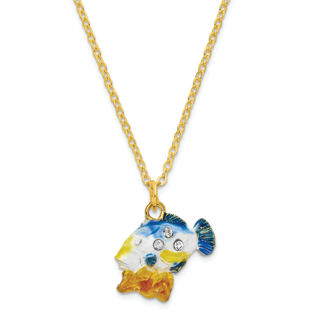 Luxury Giftware by Jere Pewter Bejeweled Crystals Gold-tone Enameled TRIGGER Humu Humu Fish Trinket Box with Matching 18 Inch Necklace