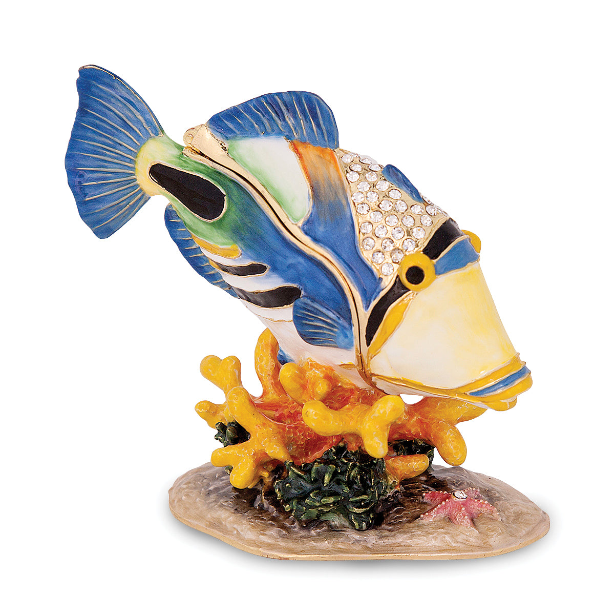 Luxury Giftware Pewter Bejeweled Crystals Gold-tone Enameled PICASSO Large Humu Humu Fish Trinket Box with Matching 18 Inch Necklace Main image
