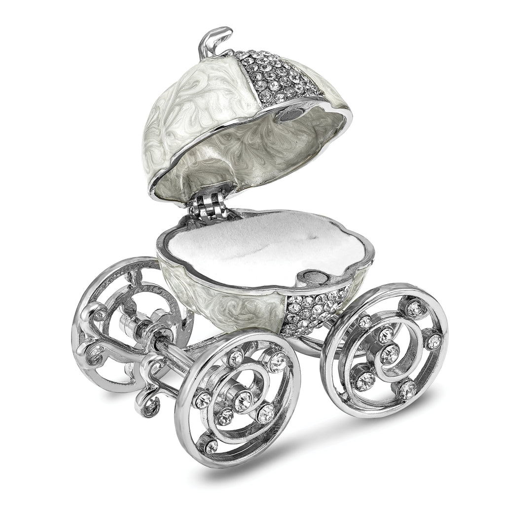 Luxury Giftware by Jere Pewter Bejeweled Crystals Silver-tone Enameled EVER AFTER Pumpkin Coach With Ring Pad Trinket Box with Matching 18 Inch Necklace