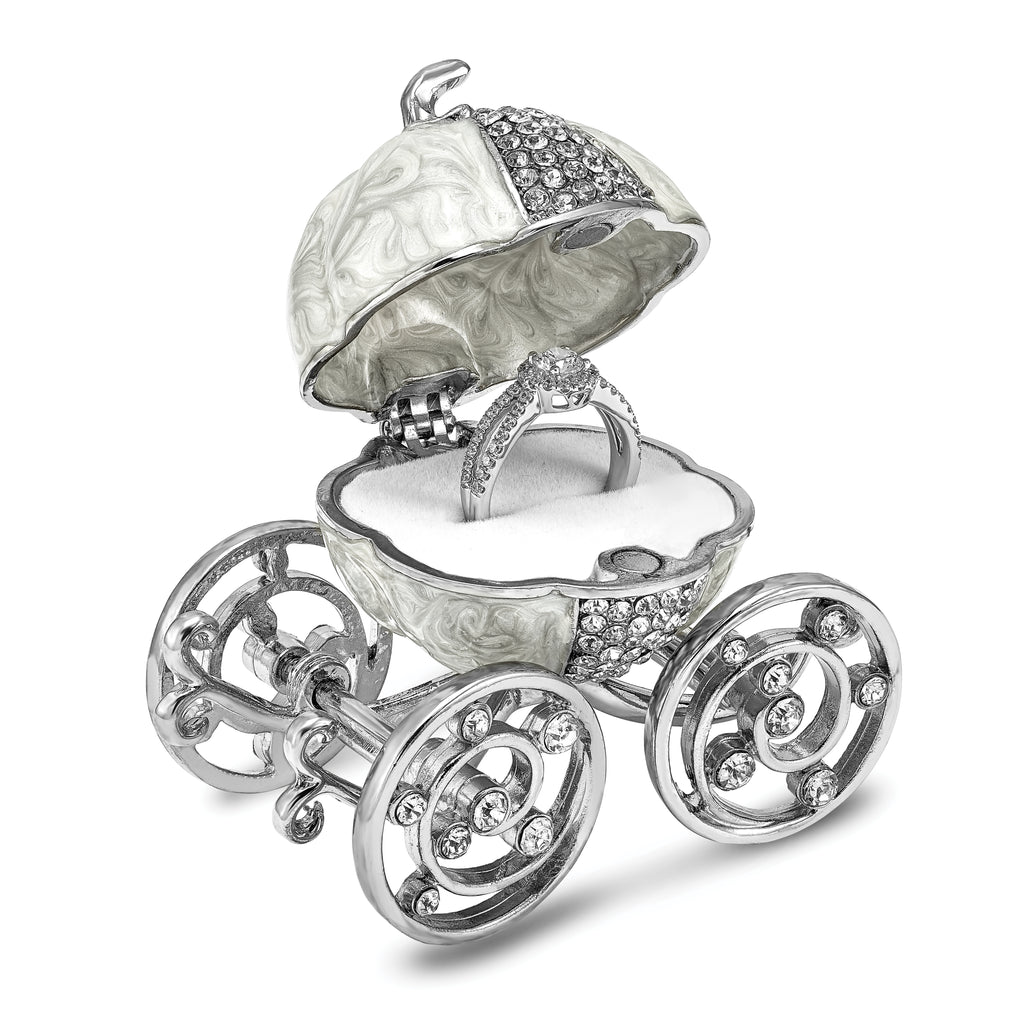 Luxury Giftware by Jere Pewter Bejeweled Crystals Silver-tone Enameled EVER AFTER Pumpkin Coach With Ring Pad Trinket Box with Matching 18 Inch Necklace