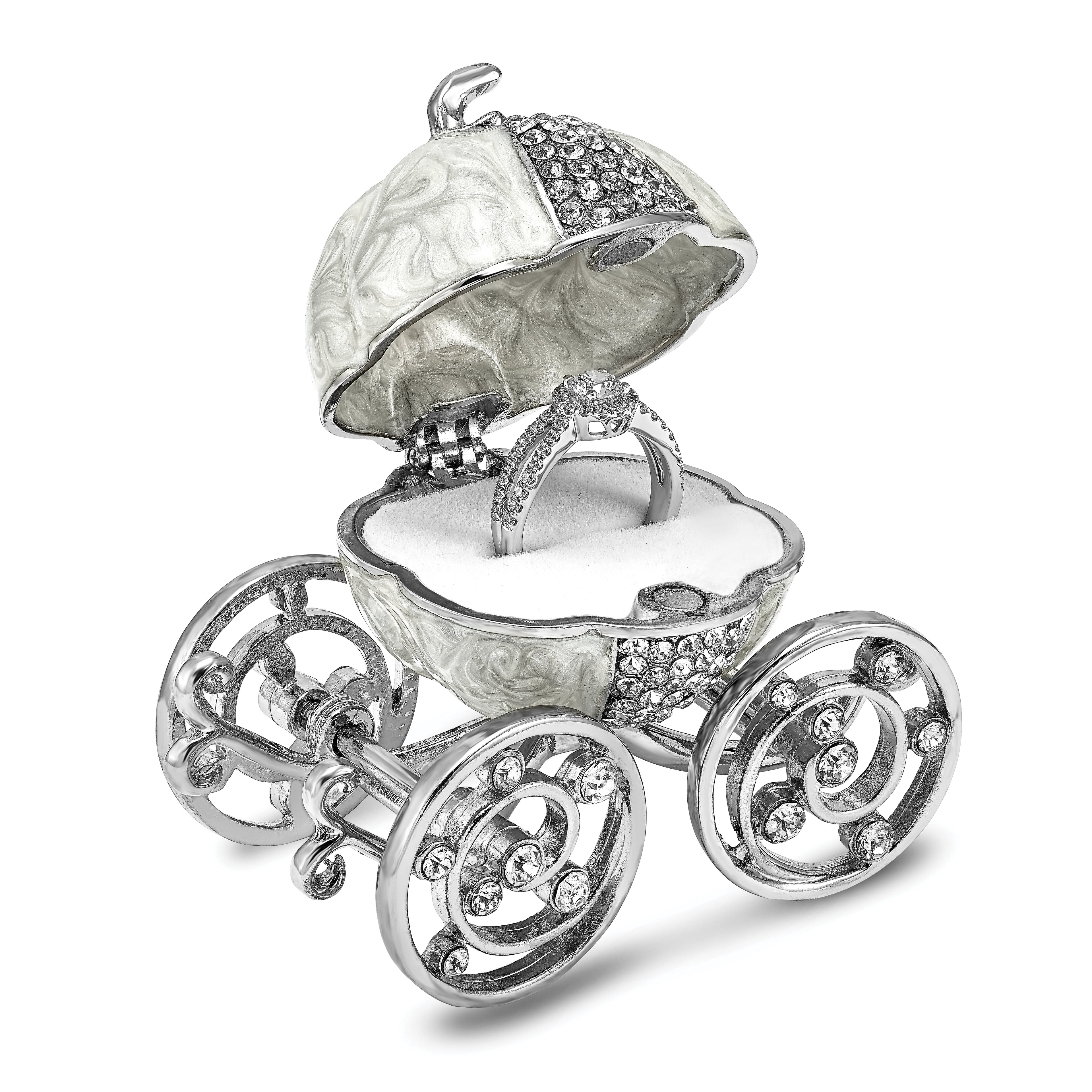 Luxury Giftware by Jere Pewter Bejeweled Crystals Silver-tone Enameled EVER AFTER Pumpkin Coach With Ring Pad Trinket Box with Matching 18 Inch Necklace