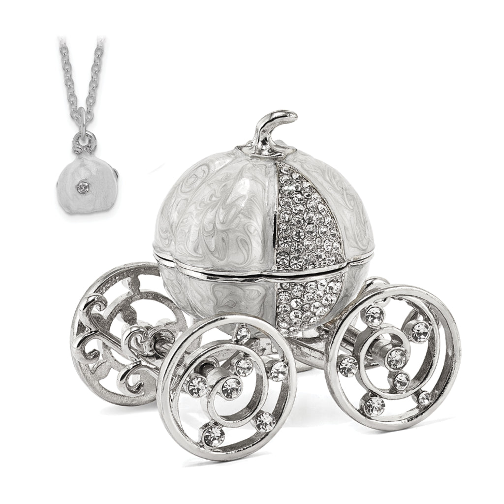 Luxury Giftware by Jere Pewter Bejeweled Crystals Silver-tone Enameled EVER AFTER Pumpkin Coach With Ring Pad Trinket Box with Matching 18 Inch Necklace