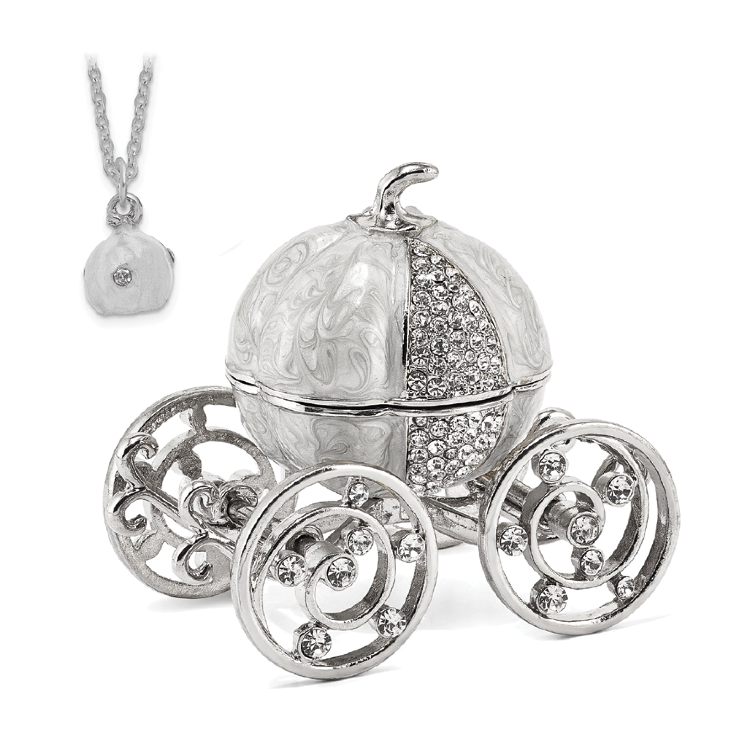 Luxury Giftware by Jere Pewter Bejeweled Crystals Silver-tone Enameled EVER AFTER Pumpkin Coach With Ring Pad Trinket Box with Matching 18 Inch Necklace