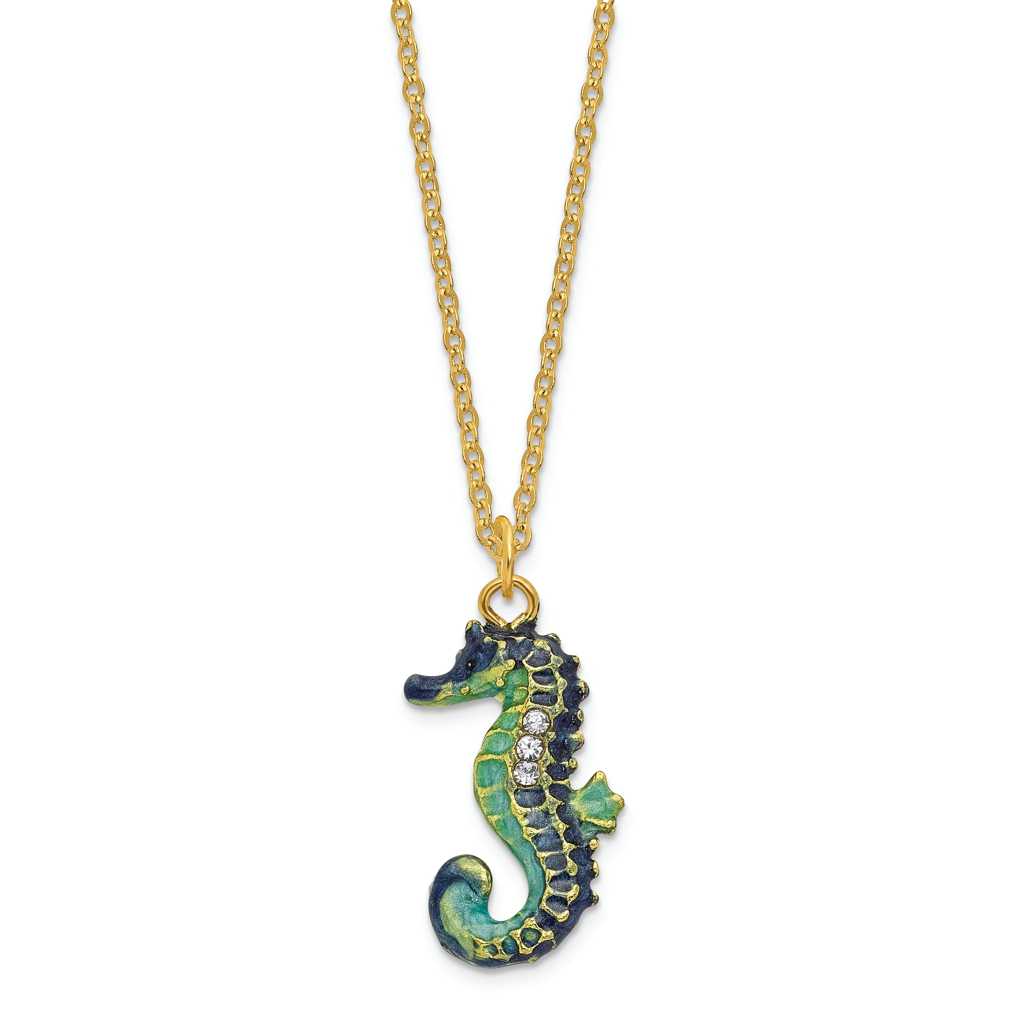 Luxury Giftware by Jere Pewter Bejeweled Crystals Gold-tone Enameled SIMON Seahorse Trinket Box with Matching 18 Inch Necklace