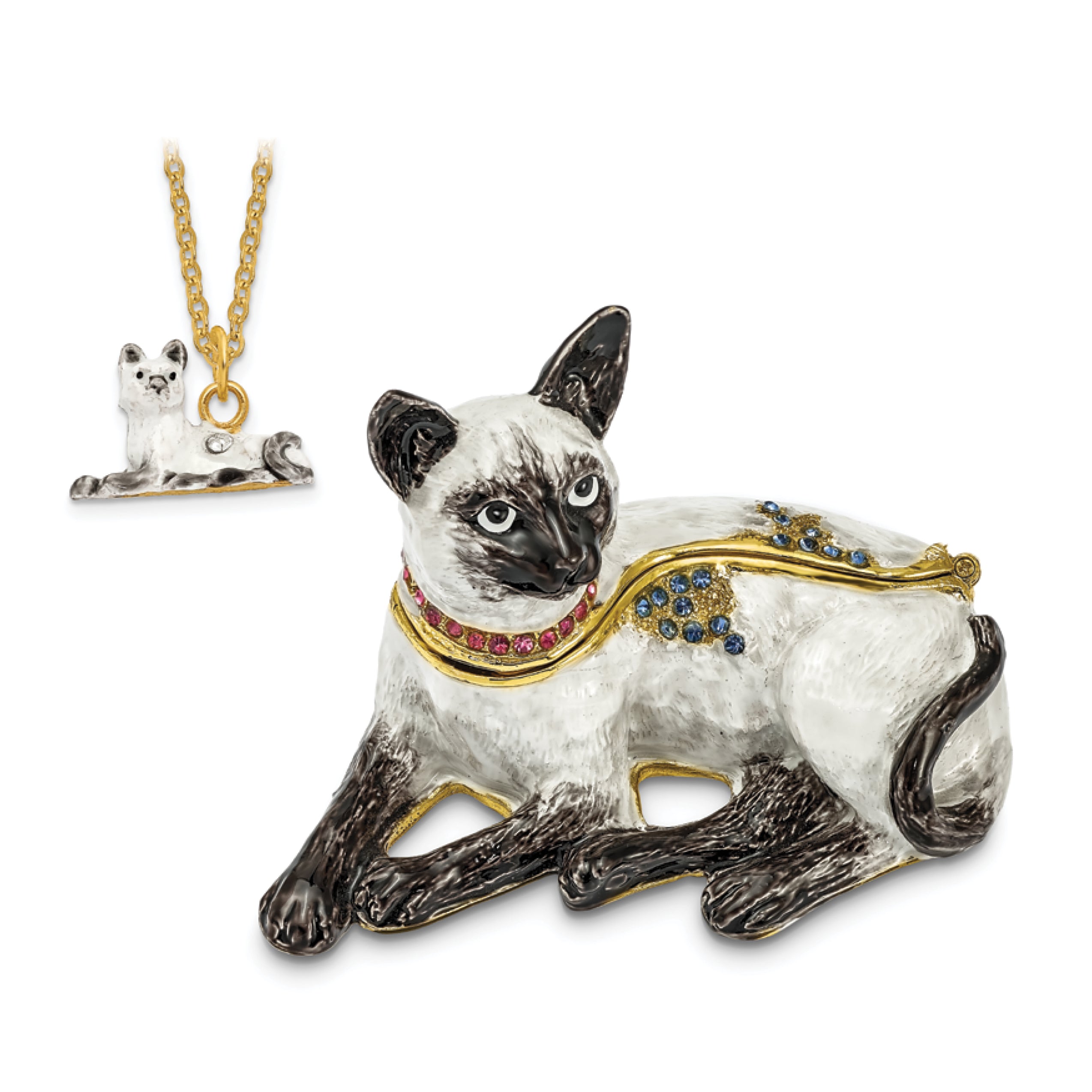 Luxury Giftware by Jere Pewter Bejeweled Crystals Gold-tone Enameled SOPHIE Siamese Cat Trinket Box with Matching 18 Inch Necklace