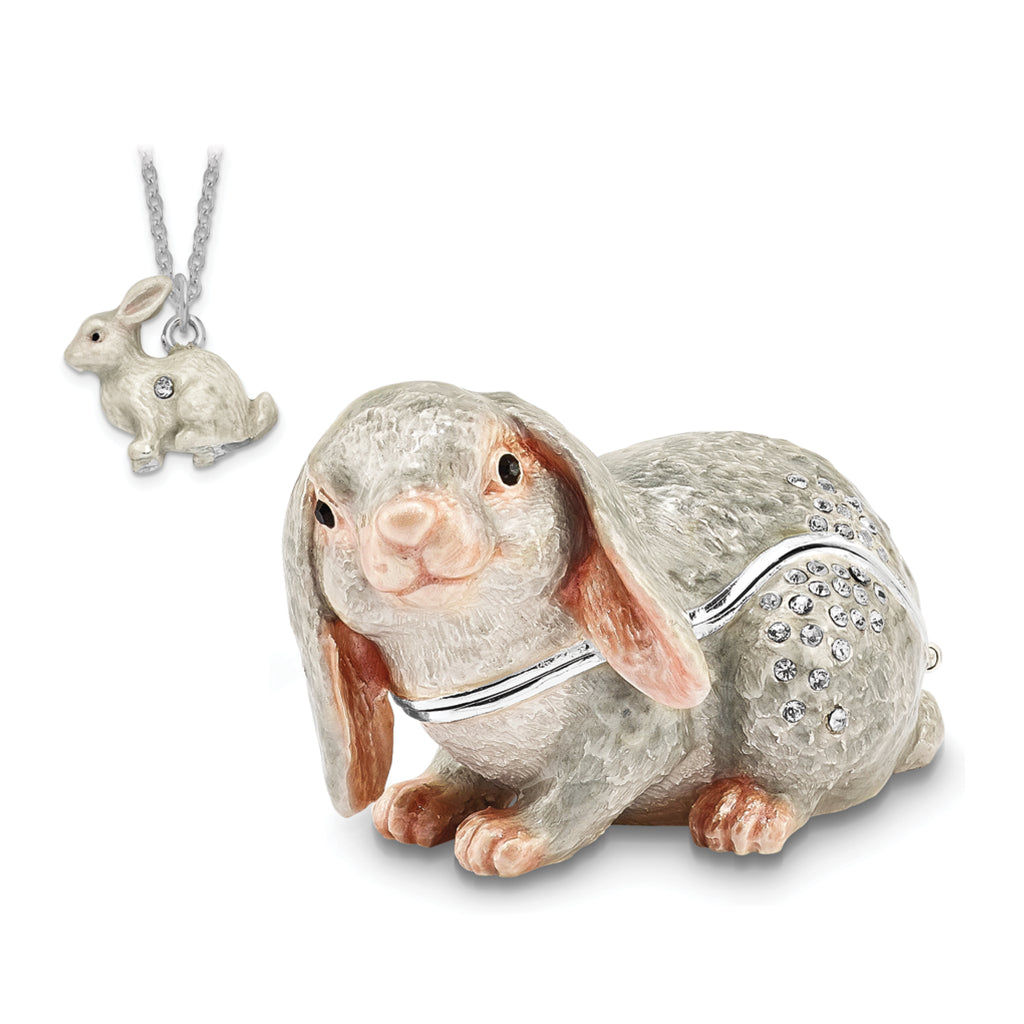 Luxury Giftware by Jere Pewter Bejeweled Crystals Silver-tone Enameled PHOEBE Floppy Ear Bunny Trinket Box with Matching 18 Inch Necklace