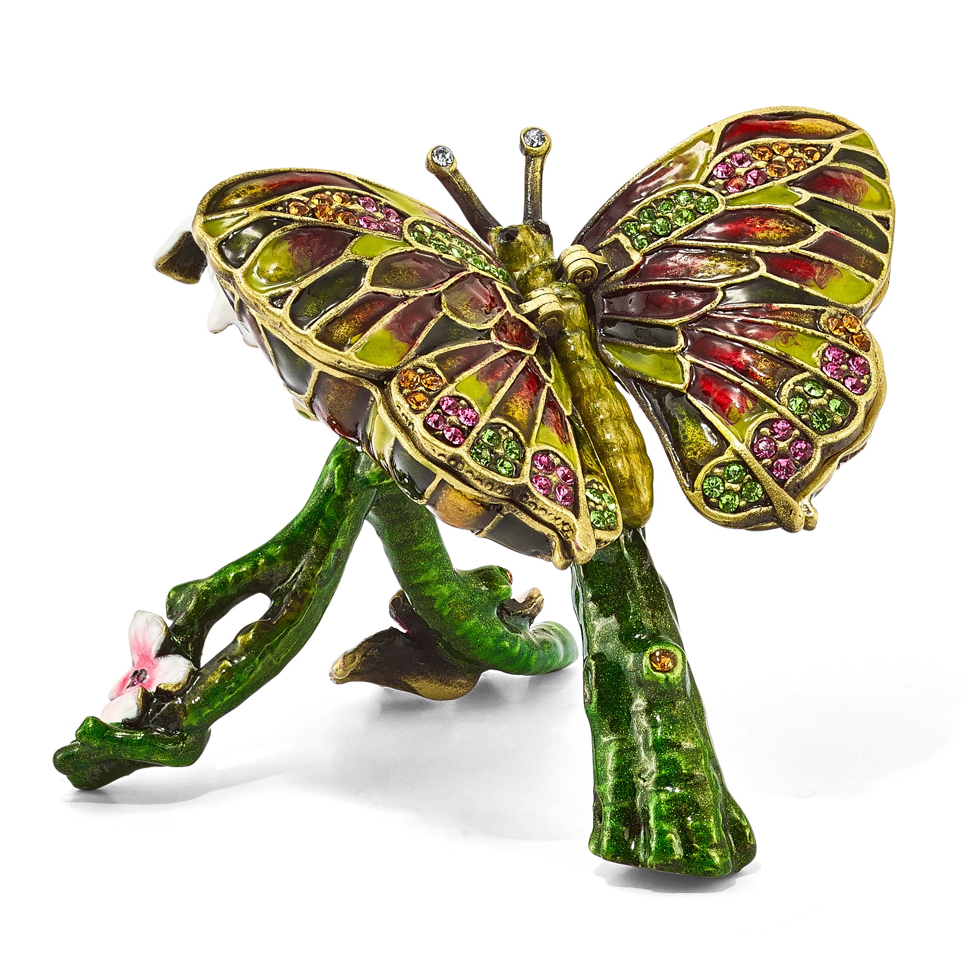 Luxury Giftware Pewter Bejeweled Crystals Gold-tone Enameled BELLA Butterfly & Pink Orchid Trinket Box with Matching 18 Inch Necklace Main image