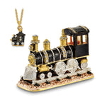 Luxury Giftware by Jere Bejeweled Crystals Gold-tone Enameled AXEL Steam Engine Trinket Box with Matching 18 Inch Necklace