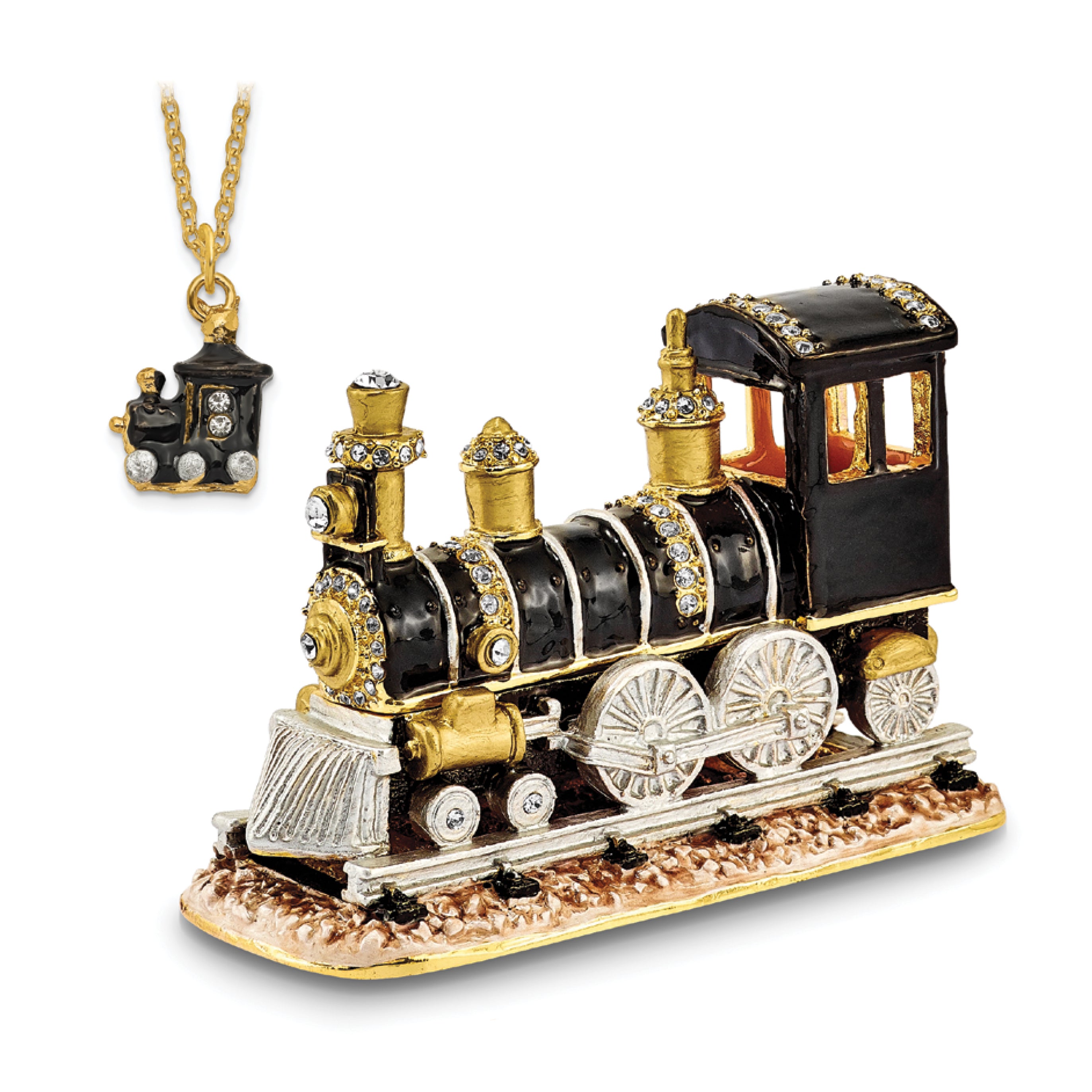 Luxury Giftware by Jere Bejeweled Crystals Gold-tone Enameled AXEL Steam Engine Trinket Box with Matching 18 Inch Necklace
