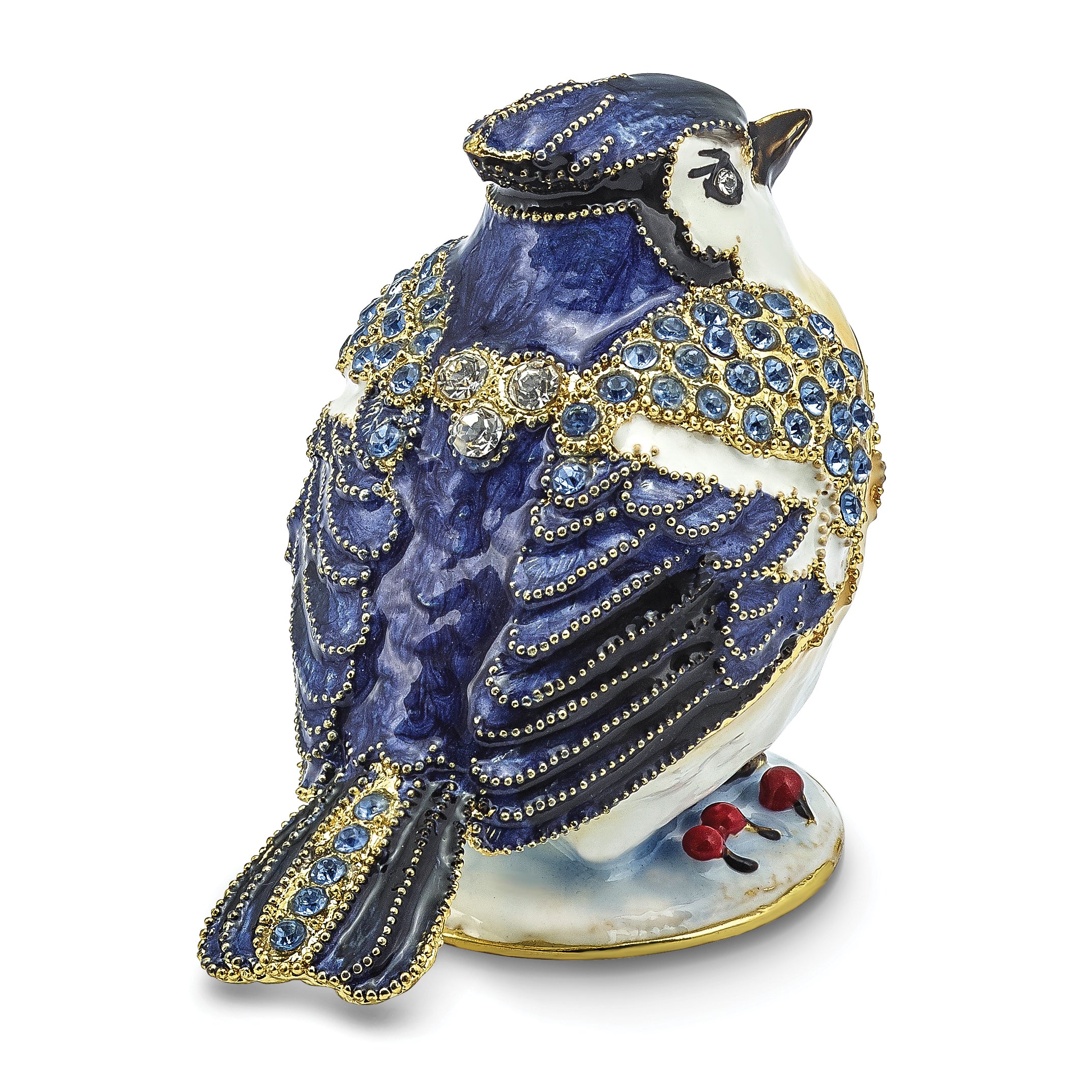 Luxury Giftware by Jere Pewter Bejeweled Crystals Gold-tone Enameled ADMIRAL Blue Jay Trinket Box with Matching 18 Inch Necklace