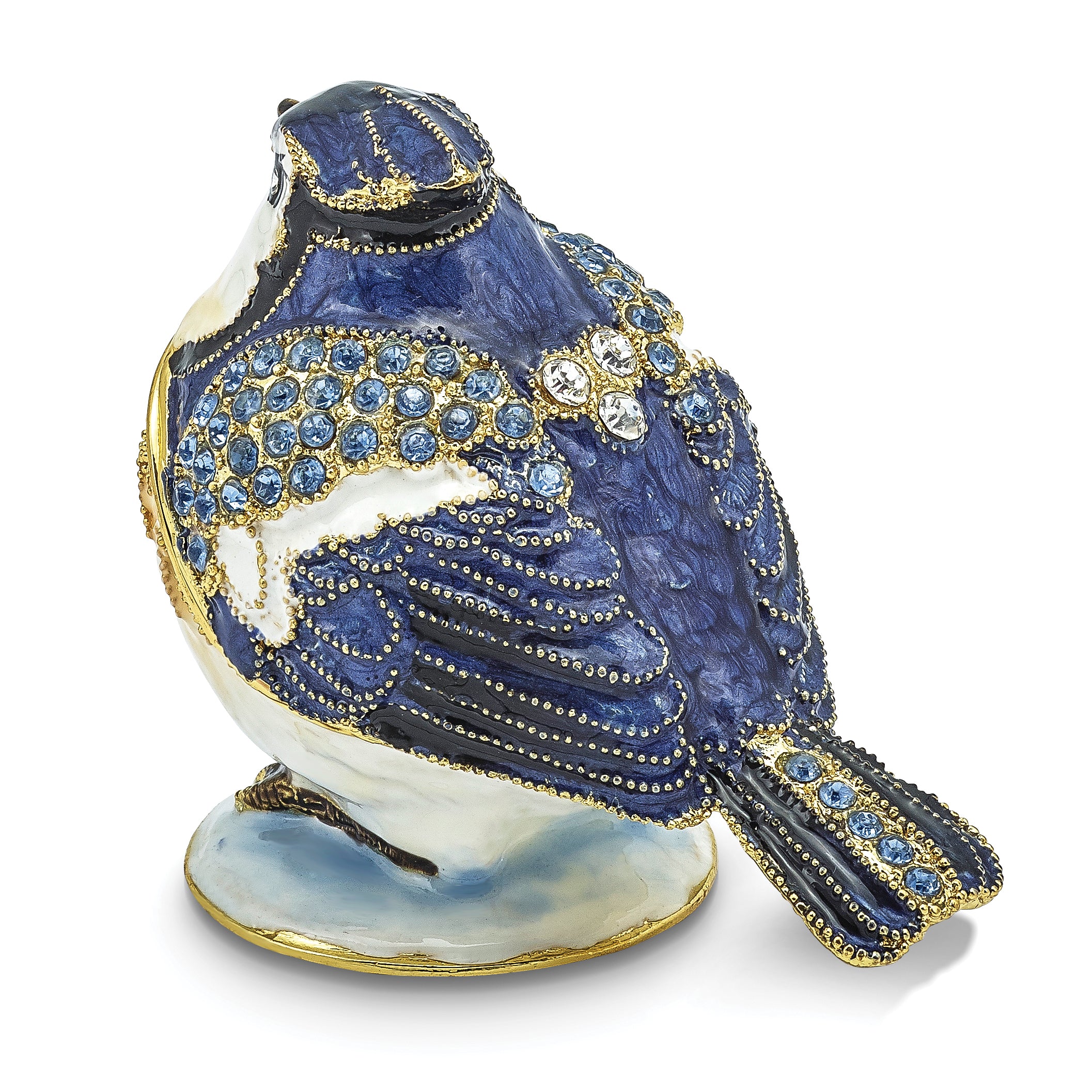 Luxury Giftware by Jere Pewter Bejeweled Crystals Gold-tone Enameled ADMIRAL Blue Jay Trinket Box with Matching 18 Inch Necklace