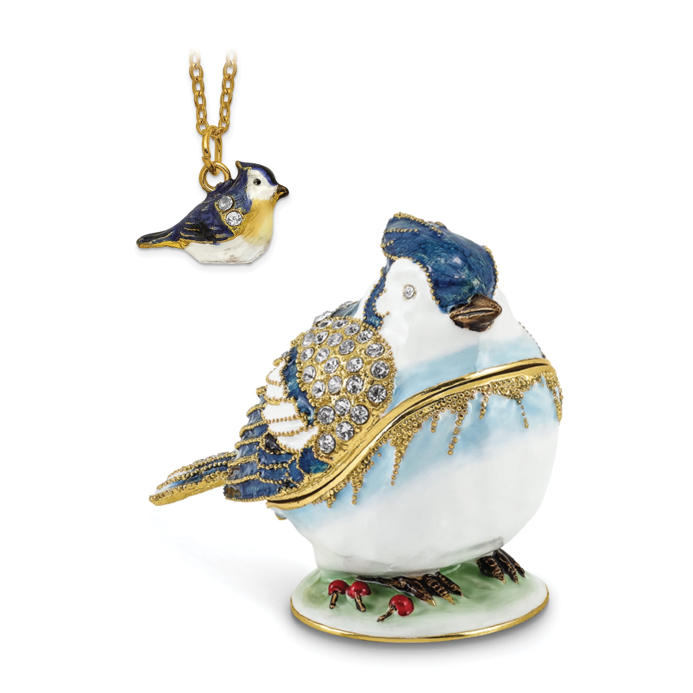 Luxury Giftware by Jere Pewter Bejeweled Crystals Gold-tone Enameled ADMIRAL Blue Jay Trinket Box with Matching 18 Inch Necklace