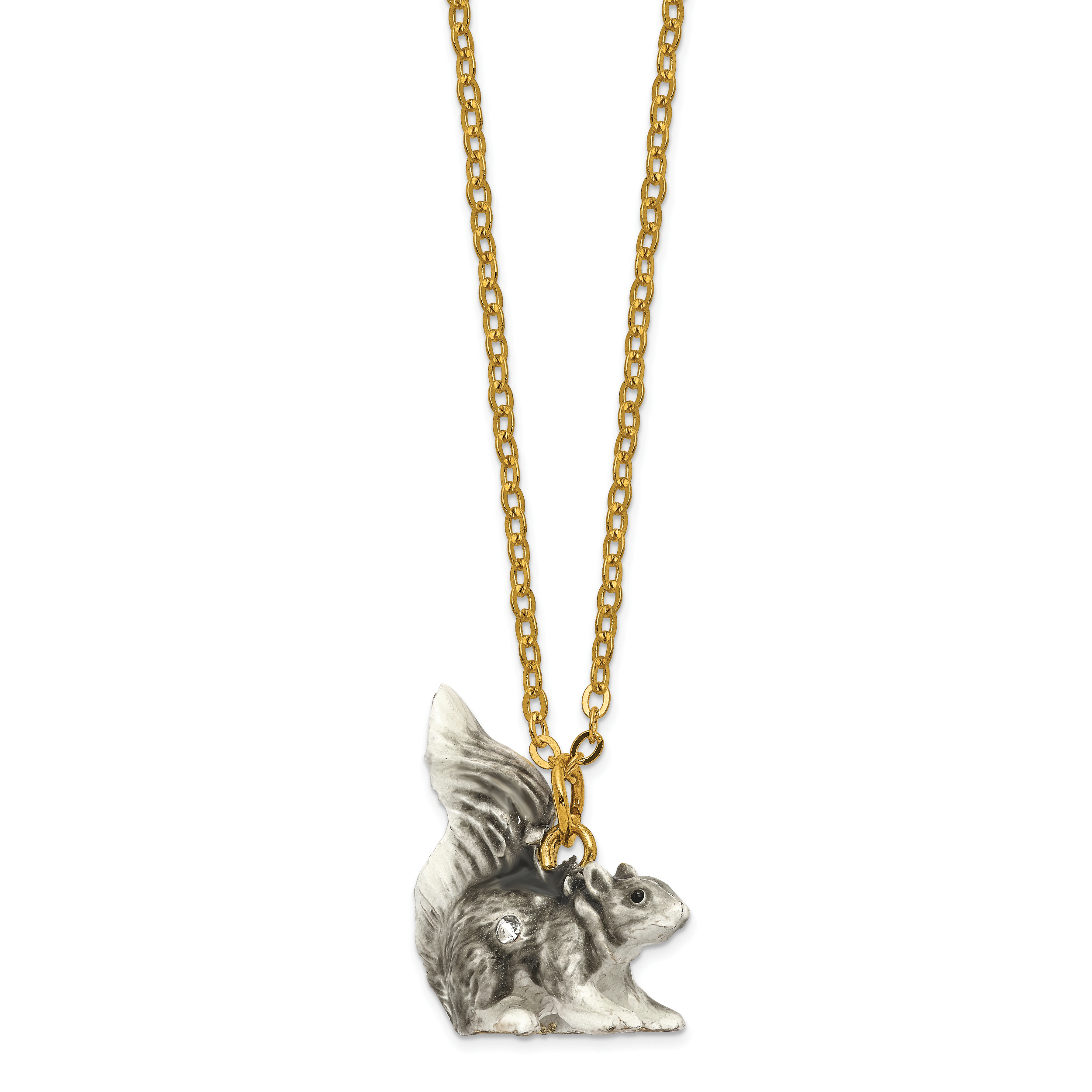 Luxury Giftware by Jere Bejeweled Crystals Gold-tone Enameled MAVERICK Winter Grey Squirrel Trinket Box with Matching 18 Inch Necklace