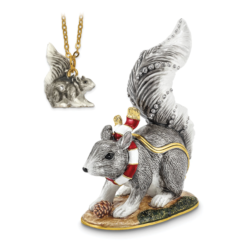 Luxury Giftware by Jere Bejeweled Crystals Gold-tone Enameled MAVERICK Winter Grey Squirrel Trinket Box with Matching 18 Inch Necklace