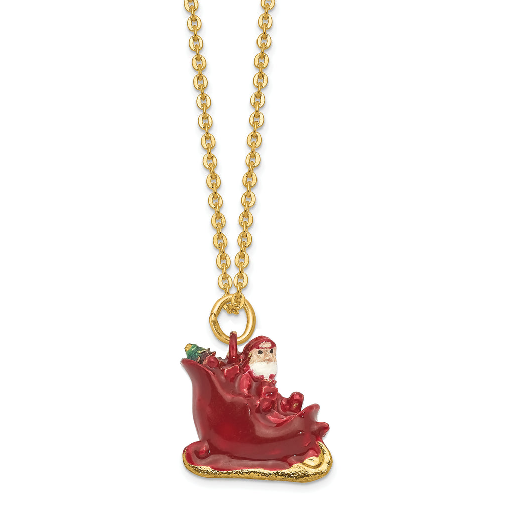 Luxury Giftware by Jere Bejeweled Crystals Gold-tone Enameled CRUISIN' SANTA in Sleigh Trinket Box with Matching 18 Inch Necklace