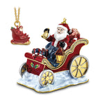 Luxury Giftware by Jere Bejeweled Crystals Gold-tone Enameled CRUISIN' SANTA in Sleigh Trinket Box with Matching 18 Inch Necklace