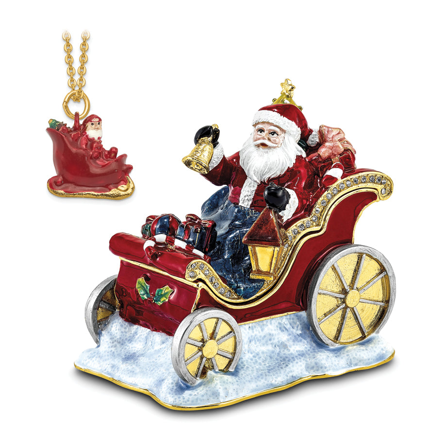 Luxury Giftware by Jere Bejeweled Crystals Gold-tone Enameled CRUISIN' SANTA in Sleigh Trinket Box with Matching 18 Inch Necklace