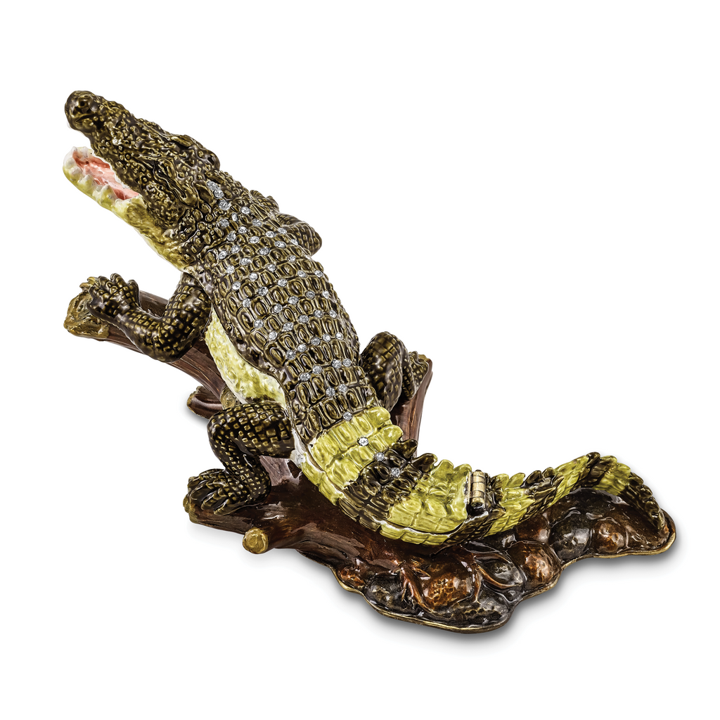 Luxury Giftware by Jere Pewter Bejeweled Crystals Gold-tone Enameled COCO Fierce Crocodile Trinket Box with Matching 18 Inch Necklace