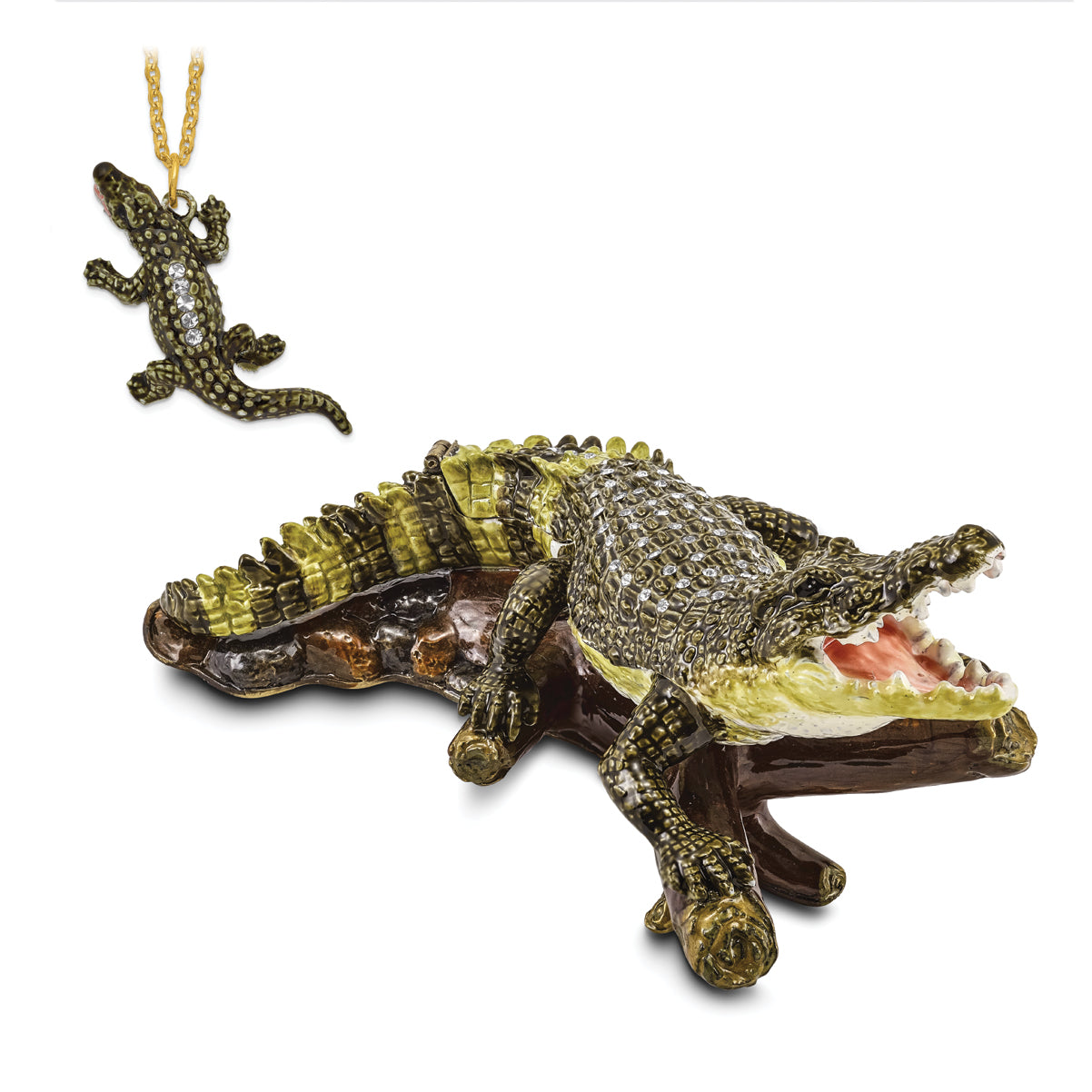 Luxury Giftware by Jere Pewter Bejeweled Crystals Gold-tone Enameled COCO Fierce Crocodile Trinket Box with Matching 18 Inch Necklace