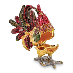 Luxury Giftware by Jere Pewter Bejeweled Crystals Gold-tone Enameled RORY Strutting Rooster Trinket Box with Matching 18 Inch Necklace