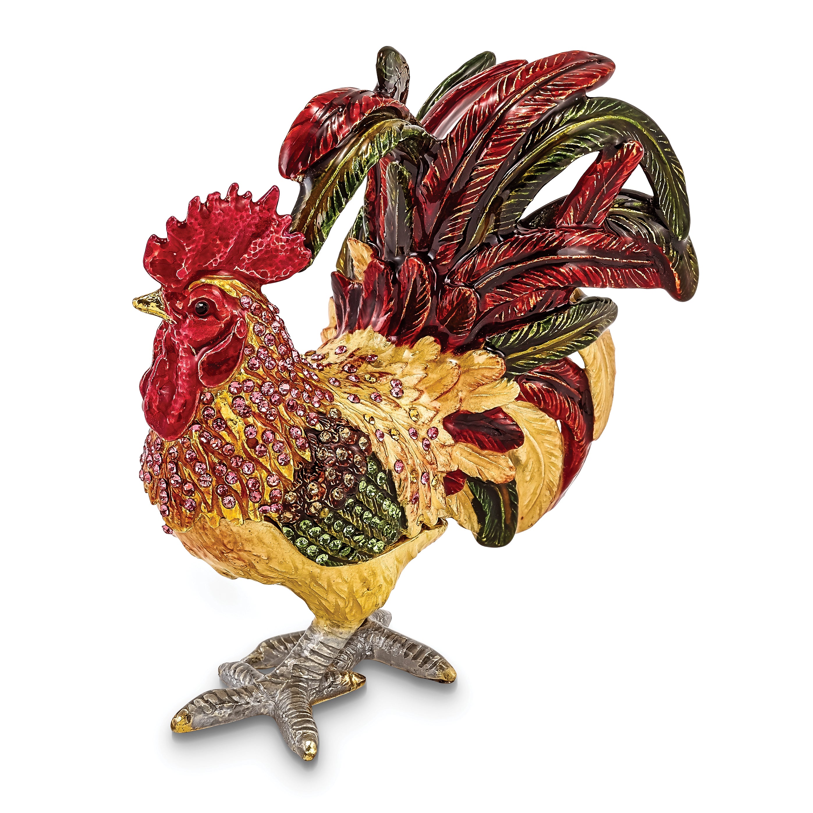 Luxury Giftware by Jere Pewter Bejeweled Crystals Gold-tone Enameled RORY Strutting Rooster Trinket Box with Matching 18 Inch Necklace