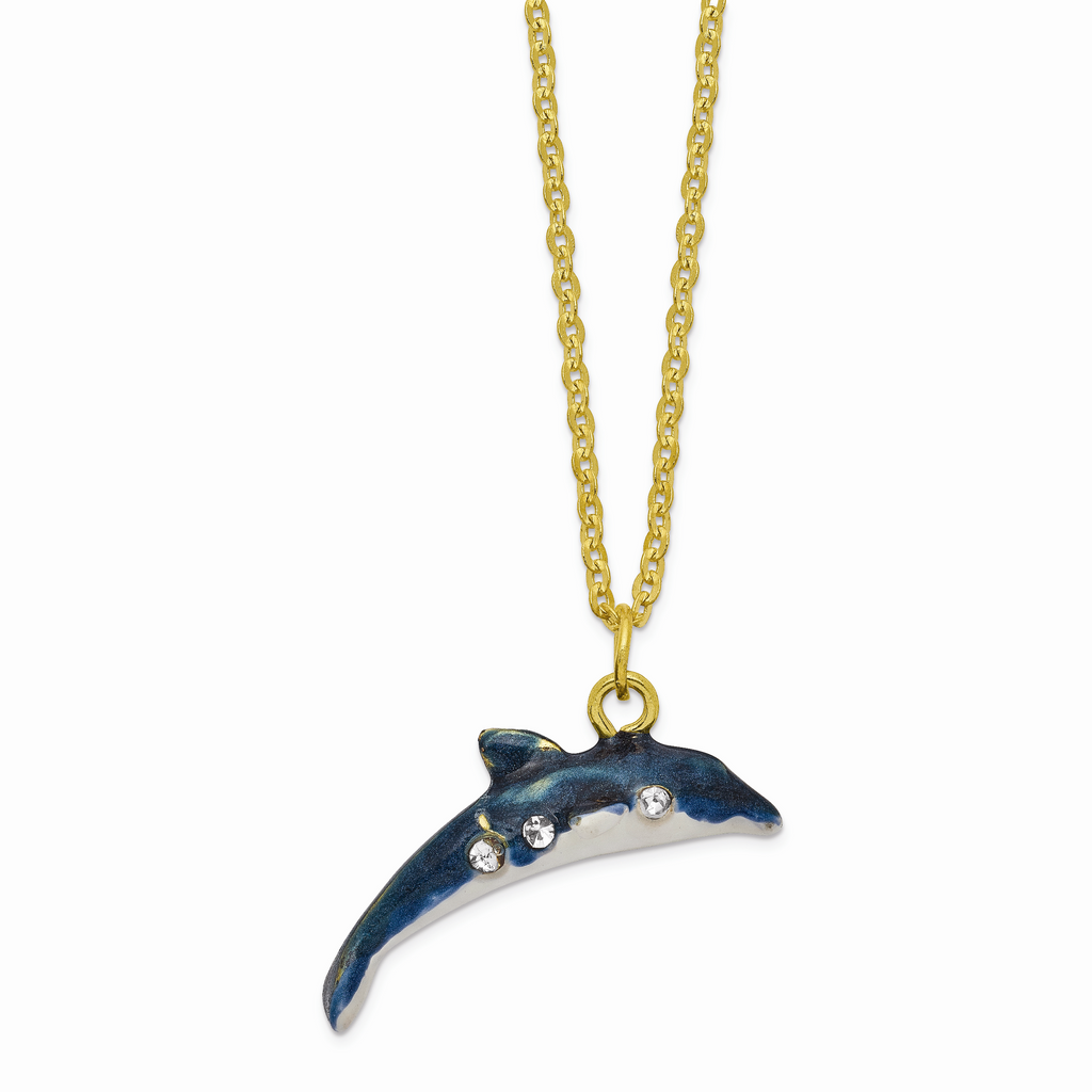 Luxury Giftware by Jere Pewter Bejeweled Crystals Gold-tone Enameled DOLLY & DYLAN Blue Dolphin & Baby Trinket Box with Matching 18 Inch Necklace