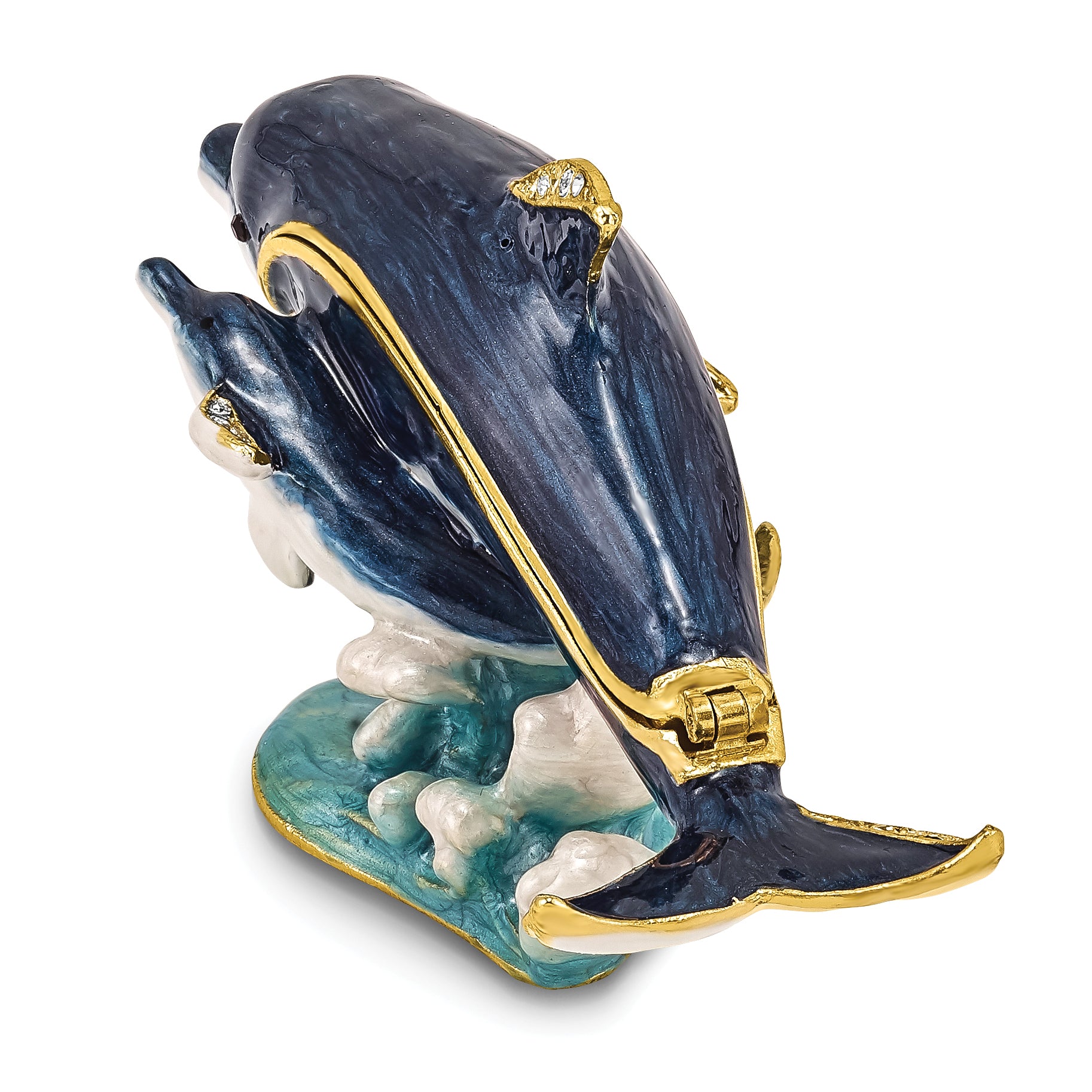 Luxury Giftware by Jere Pewter Bejeweled Crystals Gold-tone Enameled DOLLY & DYLAN Blue Dolphin & Baby Trinket Box with Matching 18 Inch Necklace