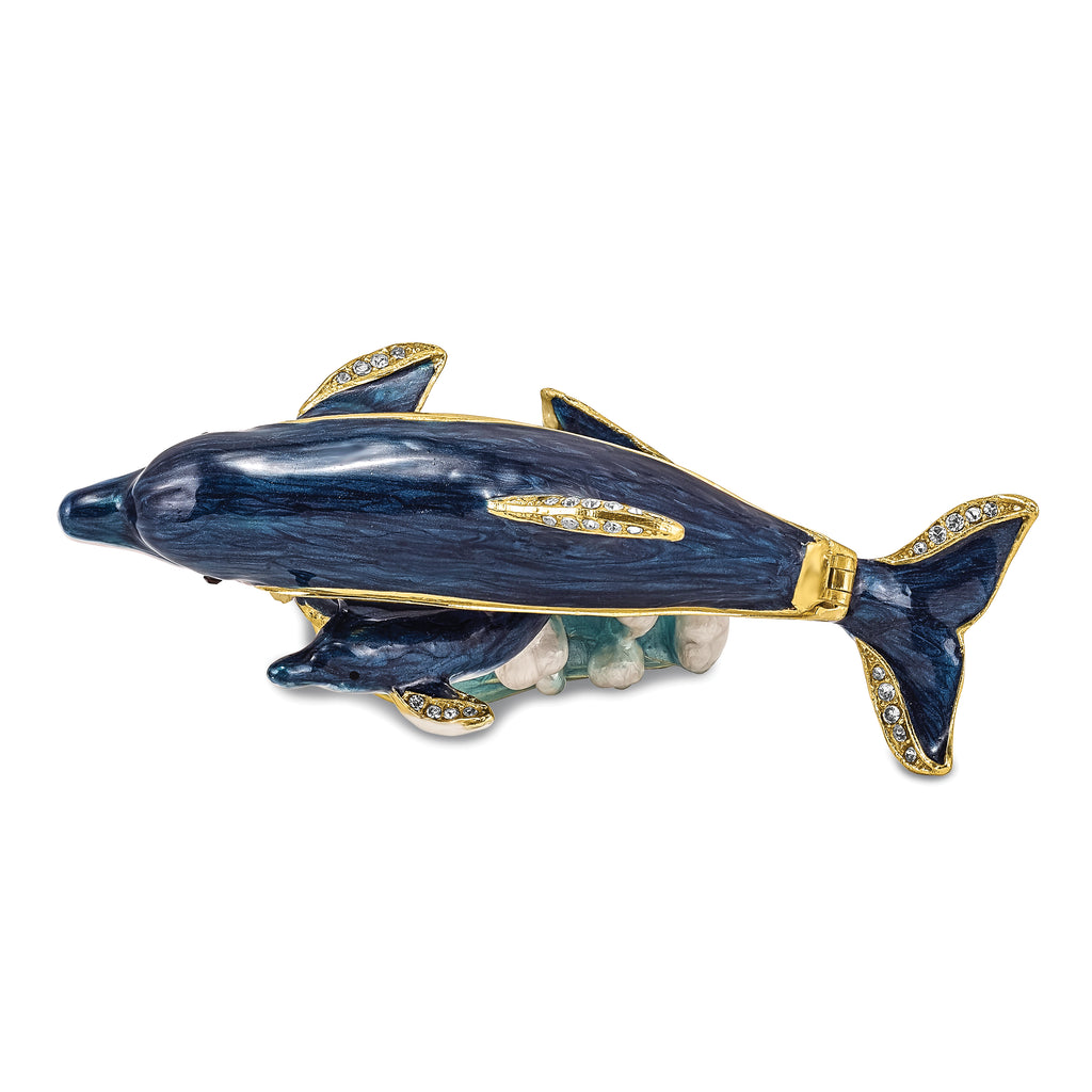 Luxury Giftware by Jere Pewter Bejeweled Crystals Gold-tone Enameled DOLLY & DYLAN Blue Dolphin & Baby Trinket Box with Matching 18 Inch Necklace