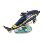 Luxury Giftware by Jere Pewter Bejeweled Crystals Gold-tone Enameled DOLLY & DYLAN Blue Dolphin & Baby Trinket Box with Matching 18 Inch Necklace