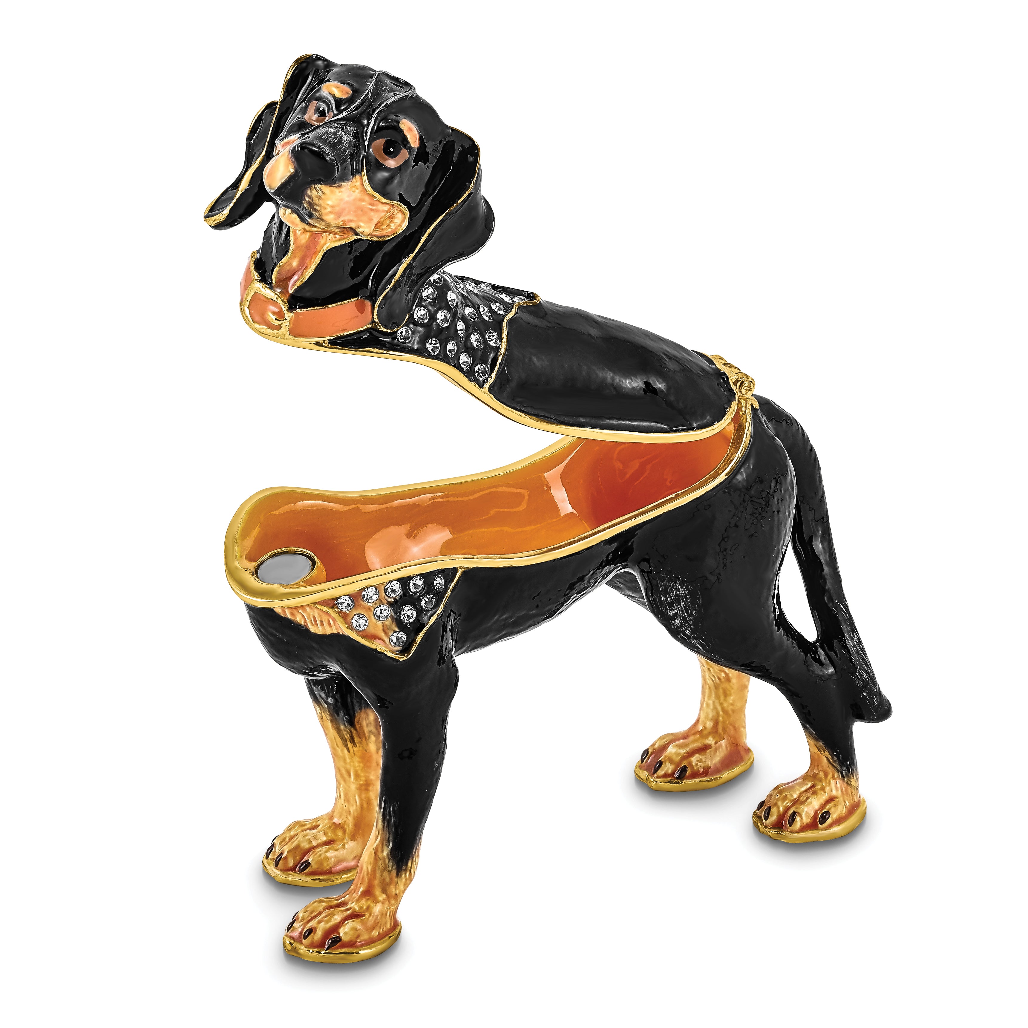 Luxury Giftware Pewter Bejeweled Crystals Gold-tone Enameled KNOX Bluetick Coonhound Trinket Box with Matching 18 Inch Necklace