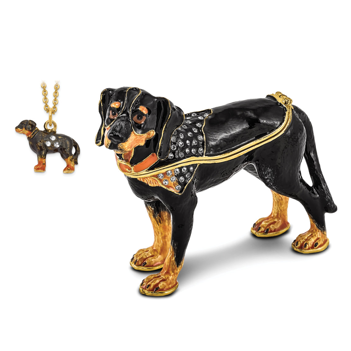 Luxury Giftware Pewter Bejeweled Crystals Gold-tone Enameled KNOX Bluetick Coonhound Trinket Box with Matching 18 Inch Necklace