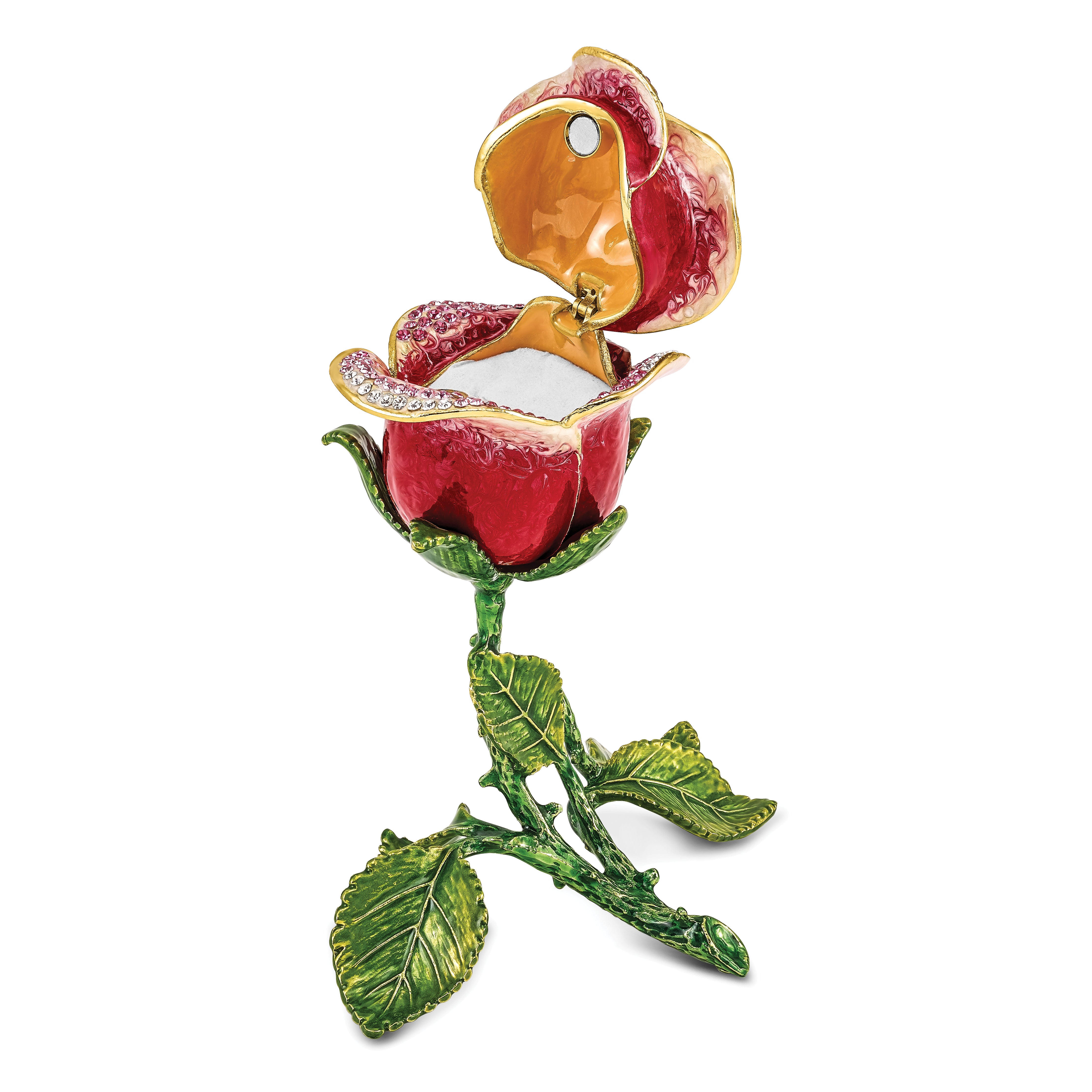 Luxury Giftware by Jere Pewter Bejeweled Crystals Gold-tone Enameled ROSETTE Rose With Ring Pad Trinket Box with Matching 18 Inch Necklace