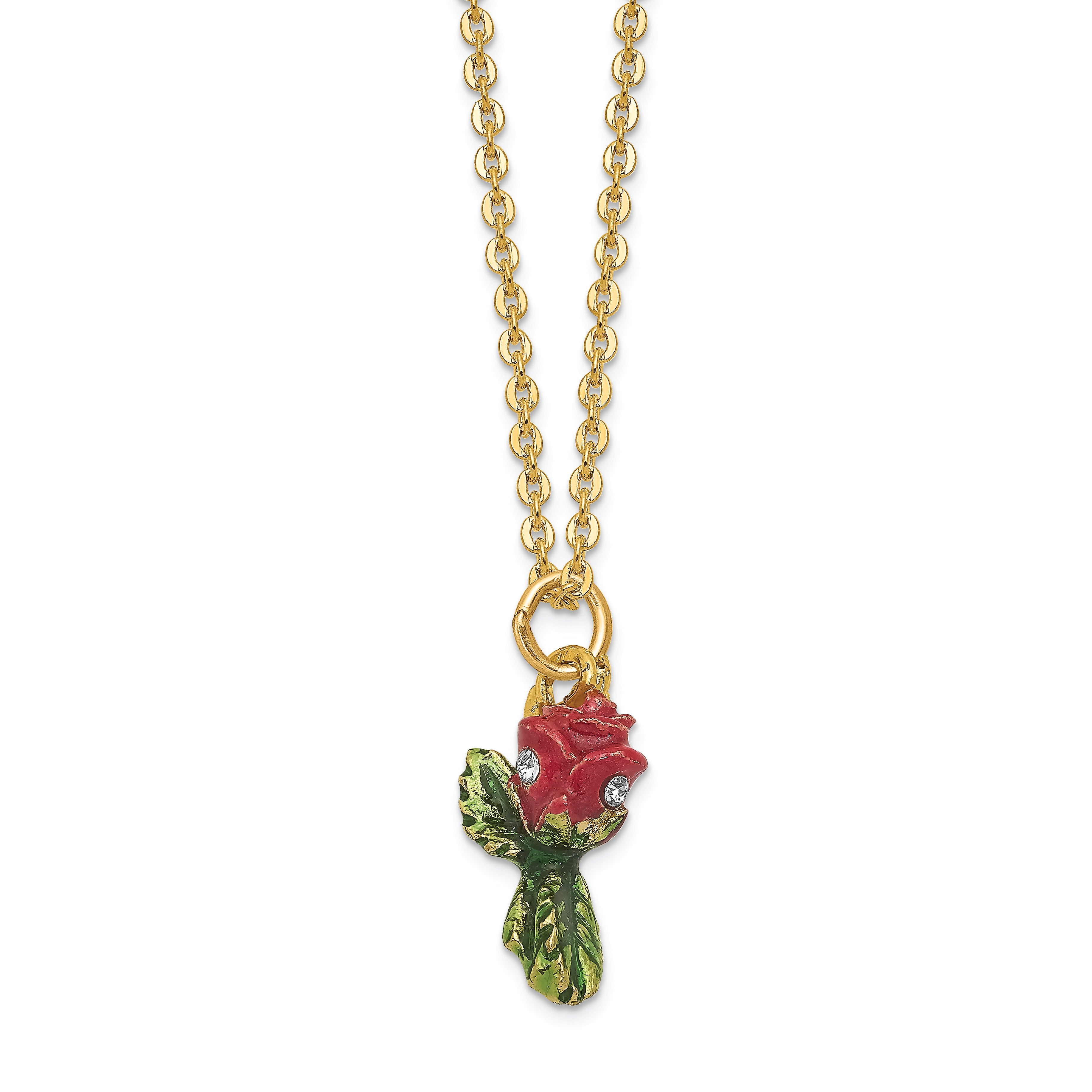 Luxury Giftware by Jere Pewter Bejeweled Crystals Gold-tone Enameled ROSETTE Rose With Ring Pad Trinket Box with Matching 18 Inch Necklace