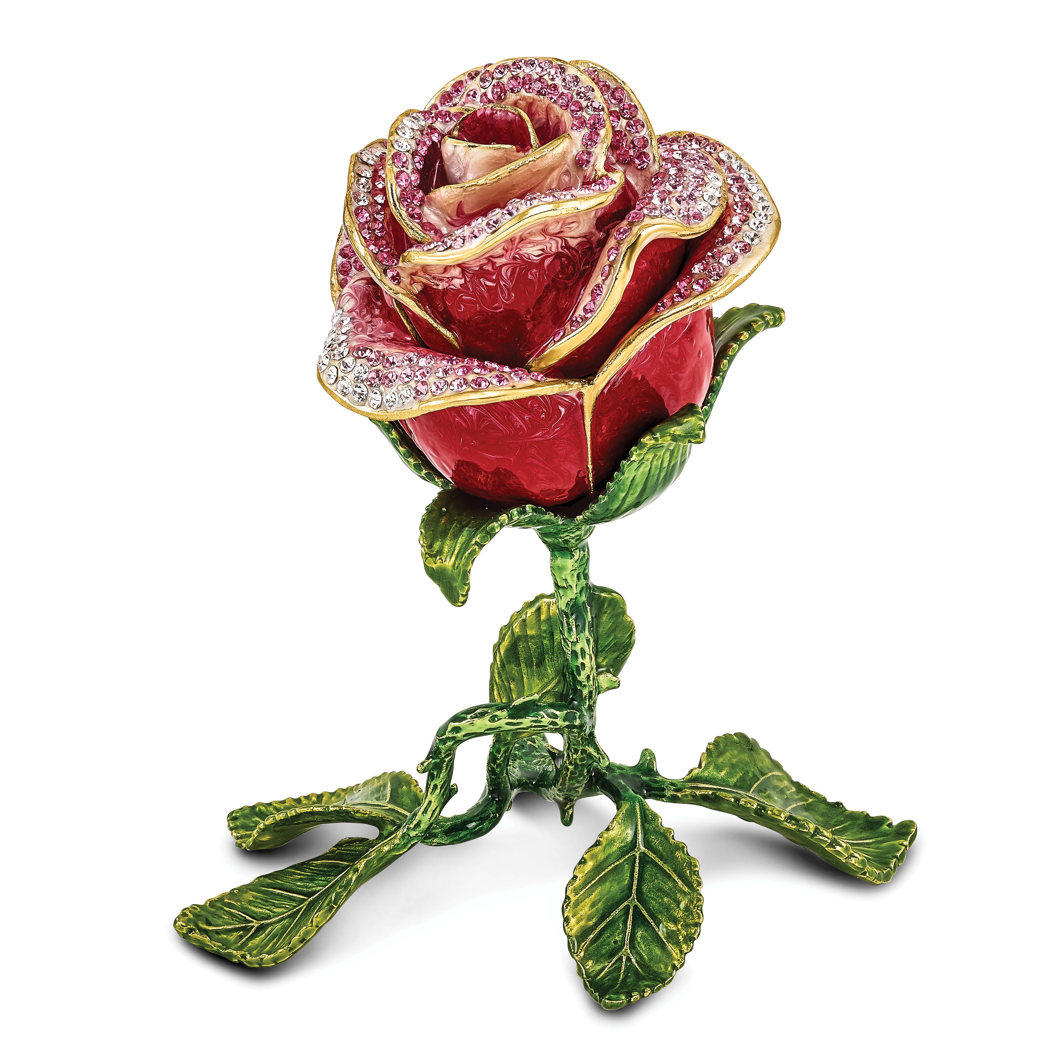 Luxury Giftware by Jere Pewter Bejeweled Crystals Gold-tone Enameled ROSETTE Rose With Ring Pad Trinket Box with Matching 18 Inch Necklace