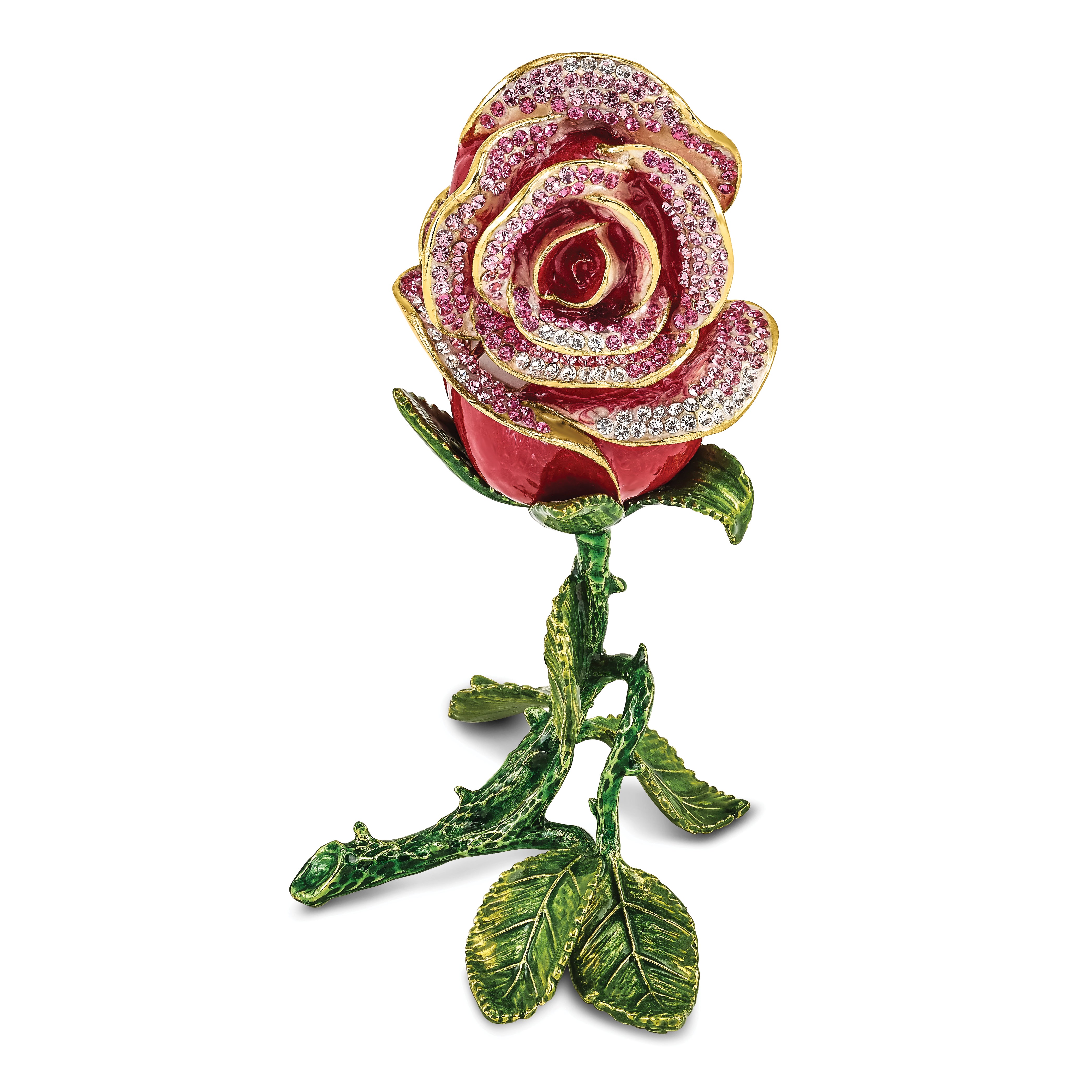 Luxury Giftware by Jere Pewter Bejeweled Crystals Gold-tone Enameled ROSETTE Rose With Ring Pad Trinket Box with Matching 18 Inch Necklace