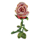Luxury Giftware by Jere Pewter Bejeweled Crystals Gold-tone Enameled ROSETTE Rose With Ring Pad Trinket Box with Matching 18 Inch Necklace