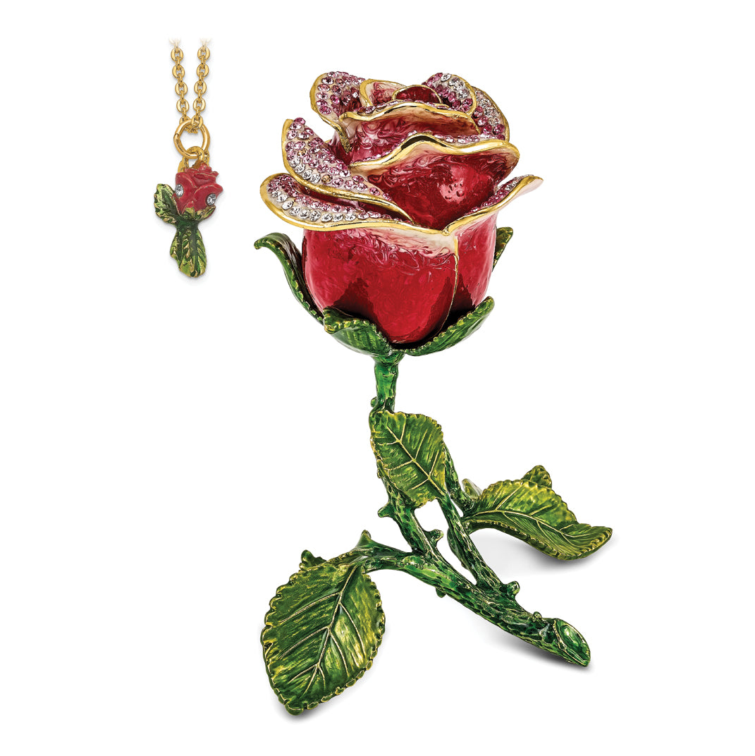 Luxury Giftware by Jere Pewter Bejeweled Crystals Gold-tone Enameled ROSETTE Rose With Ring Pad Trinket Box with Matching 18 Inch Necklace