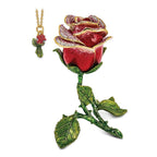 Luxury Giftware by Jere Pewter Bejeweled Crystals Gold-tone Enameled ROSETTE Rose With Ring Pad Trinket Box with Matching 18 Inch Necklace
