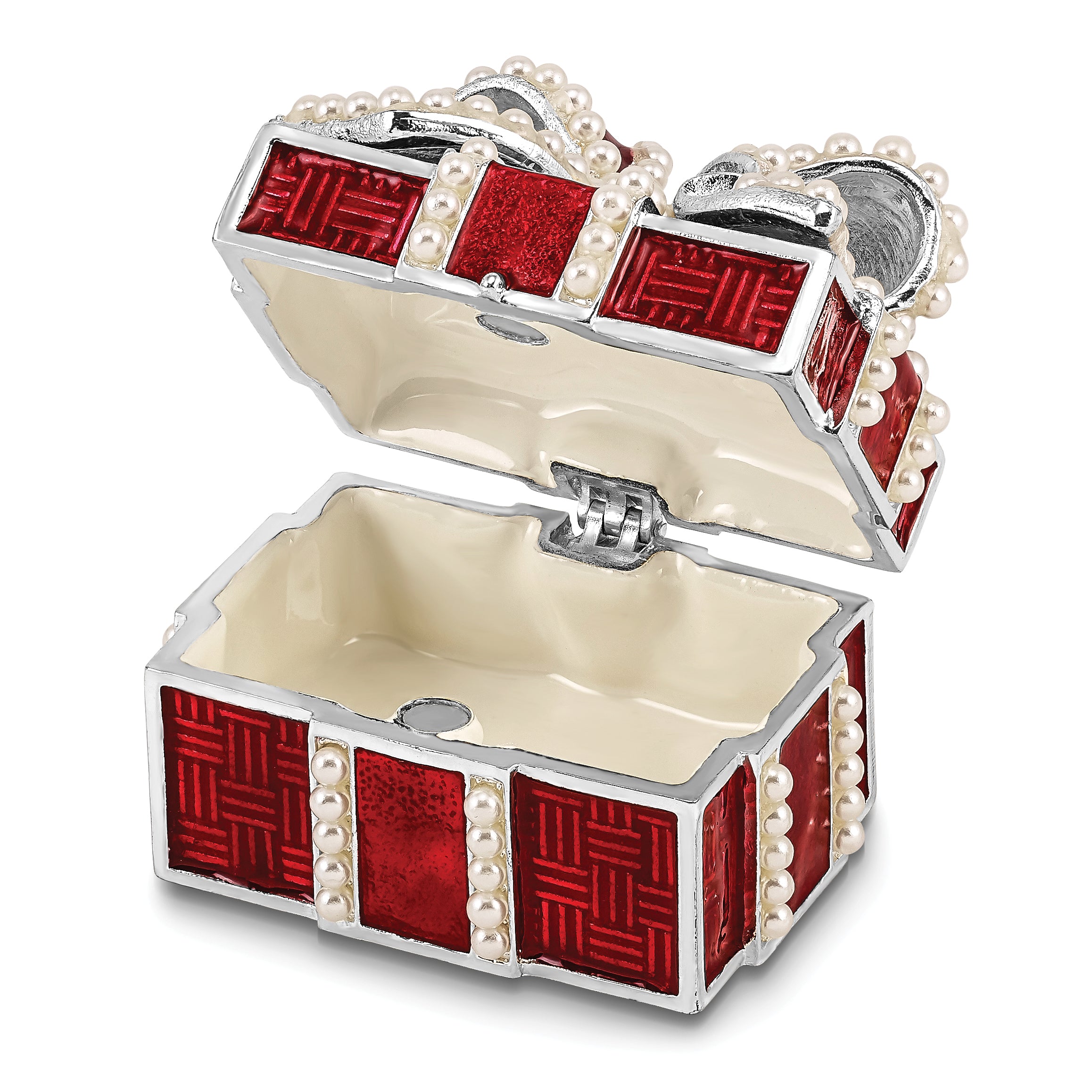 Luxury Giftware by Jere Pewter Bejeweled Imitation Pearls and Crystals Silver-tone Enameled EXCITEMENT Faux Pearl Red Gift Box Trinket Box with Matching 18 Inch Necklace Secondary image