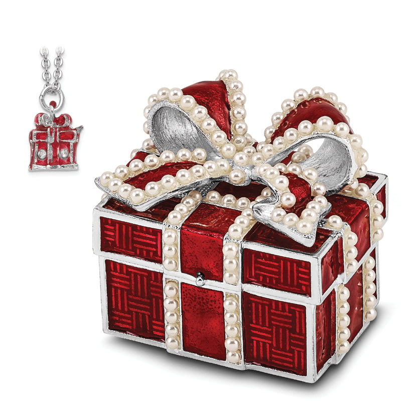 Luxury Giftware by Jere Pewter Bejeweled Imitation Pearls and Crystals Silver-tone Enameled EXCITEMENT Faux Pearl Red Gift Box Trinket Box with Matching 18 Inch Necklace