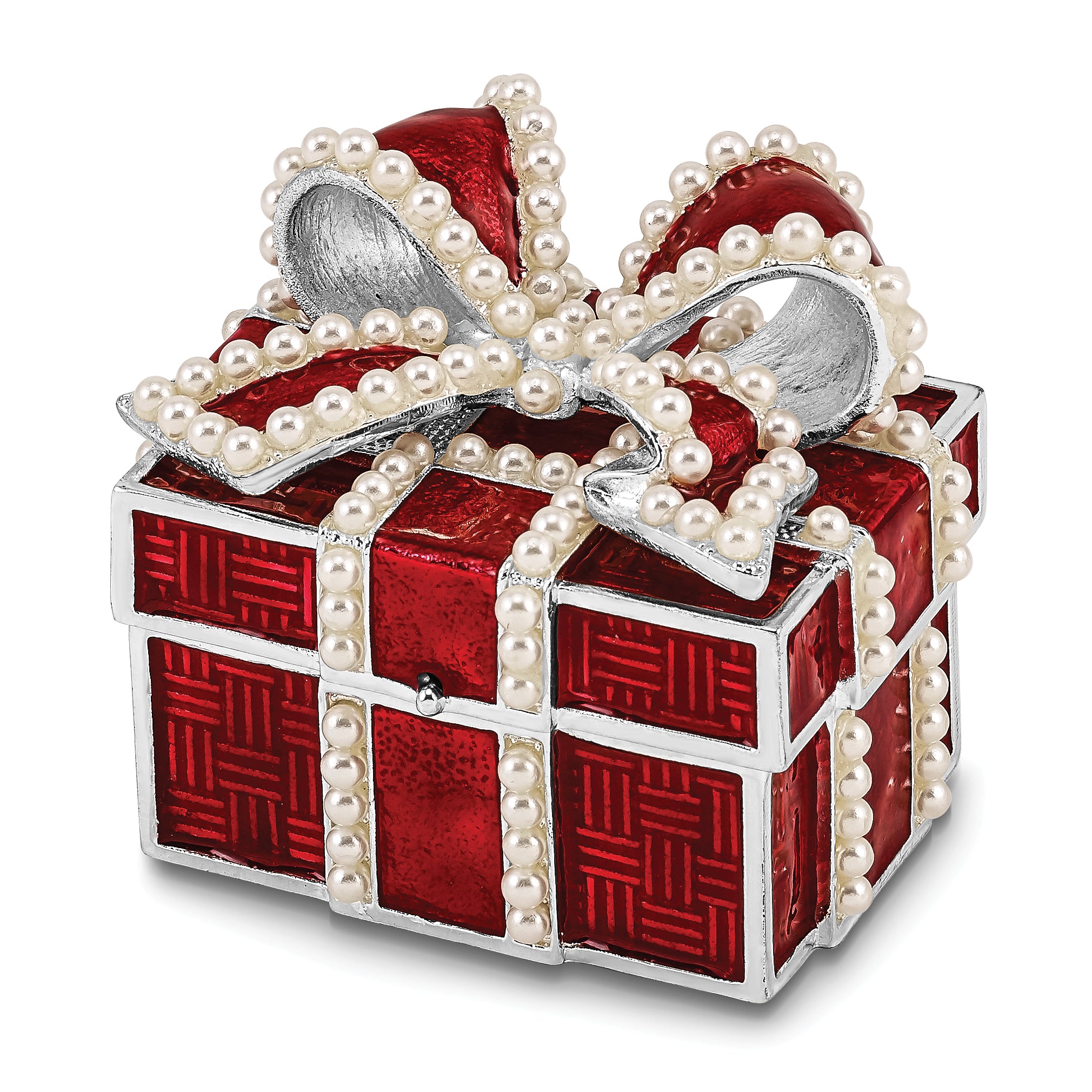Luxury Giftware by Jere Pewter Bejeweled Imitation Pearls and Crystals Silver-tone Enameled EXCITEMENT Faux Pearl Red Gift Box Trinket Box with Matching 18 Inch Necklace Main image
