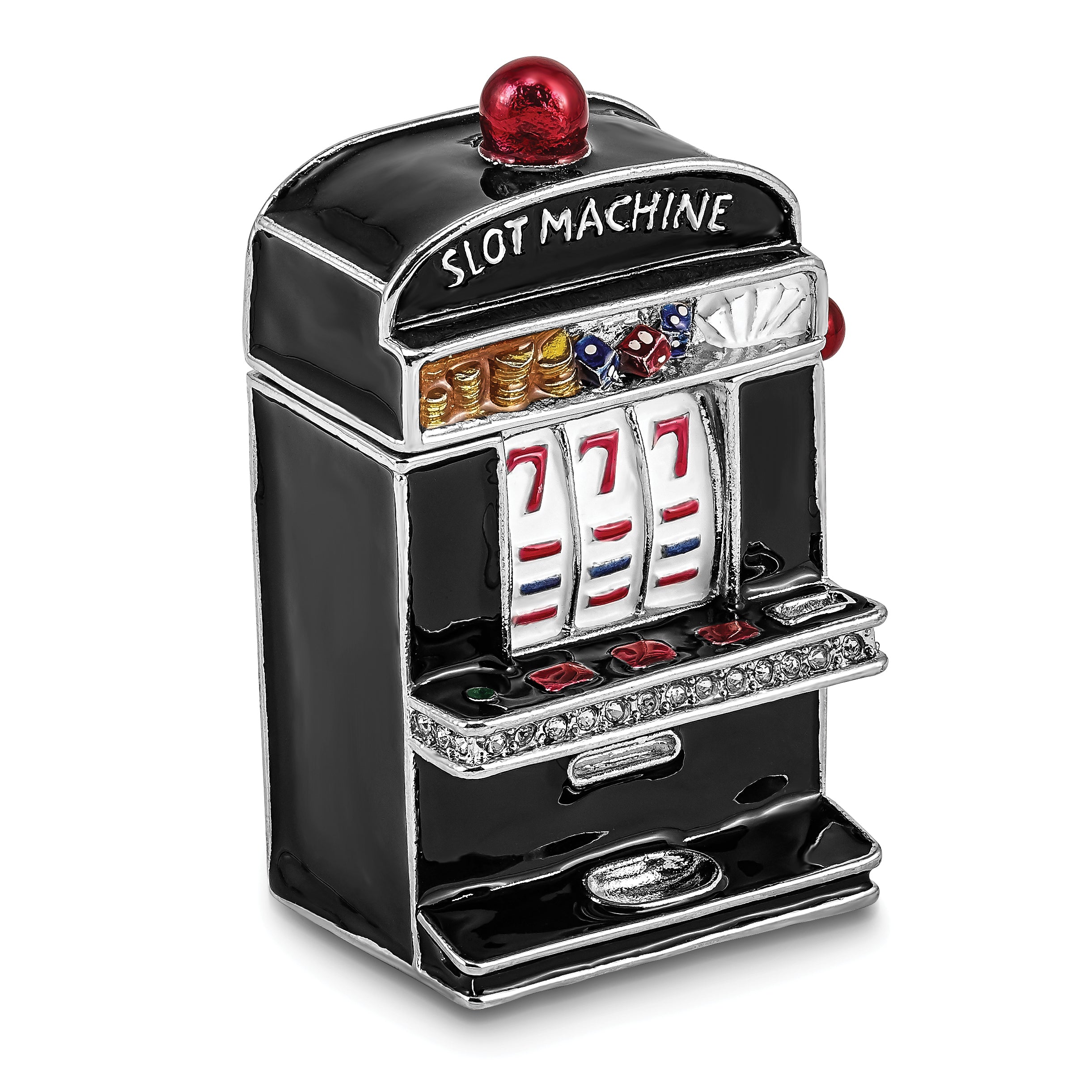 Luxury Giftware by Jere Pewter Bejeweled Crystals Silver-tone Enameled LUCKY 7  Slot Machine Trinket Box with Matching 18 Inch Necklace