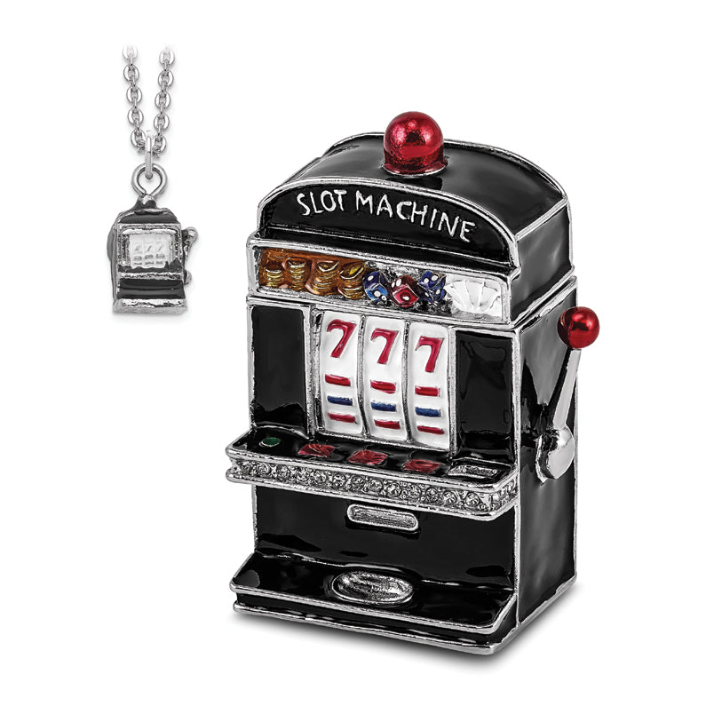 Luxury Giftware by Jere Pewter Bejeweled Crystals Silver-tone Enameled LUCKY 7  Slot Machine Trinket Box with Matching 18 Inch Necklace