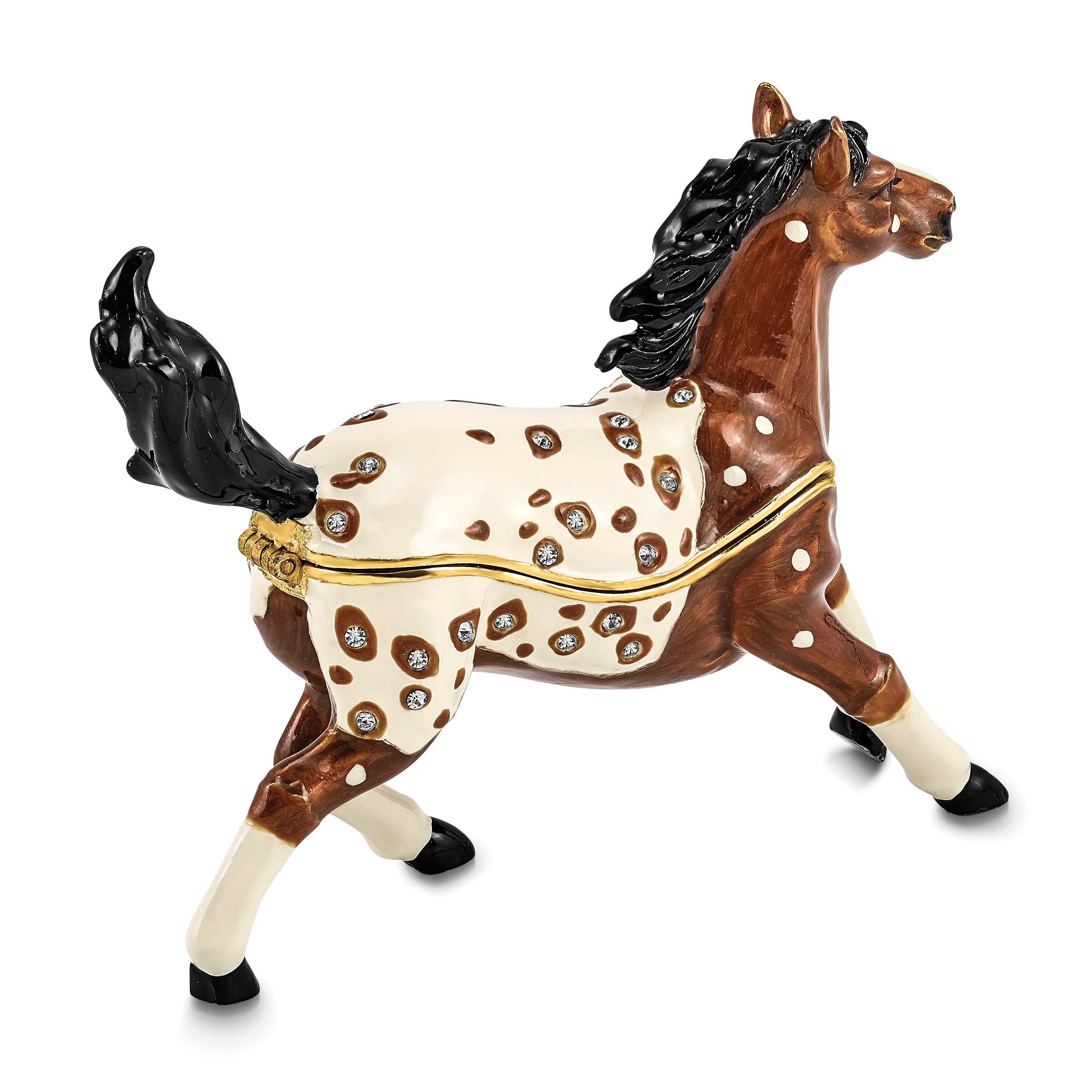Luxury Giftware by Jere Pewter Bejeweled Crystals Gold-tone Enameled ASPEN Appaloosa Horse Trinket Box with Matching 18 Inch Necklace