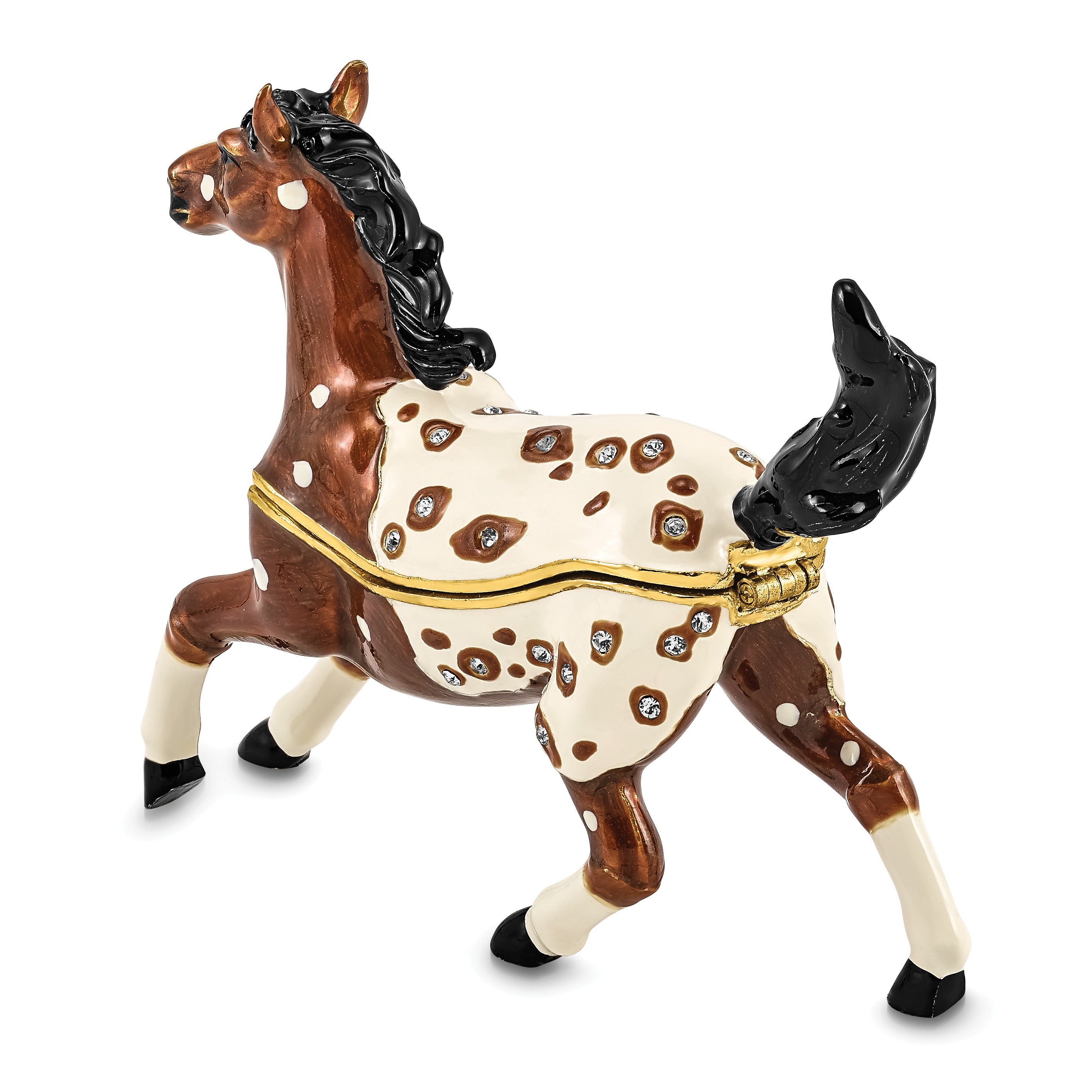 Luxury Giftware by Jere Pewter Bejeweled Crystals Gold-tone Enameled ASPEN Appaloosa Horse Trinket Box with Matching 18 Inch Necklace