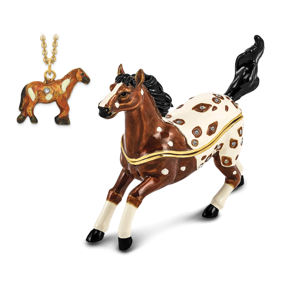 Luxury Giftware by Jere Pewter Bejeweled Crystals Gold-tone Enameled ASPEN Appaloosa Horse Trinket Box with Matching 18 Inch Necklace