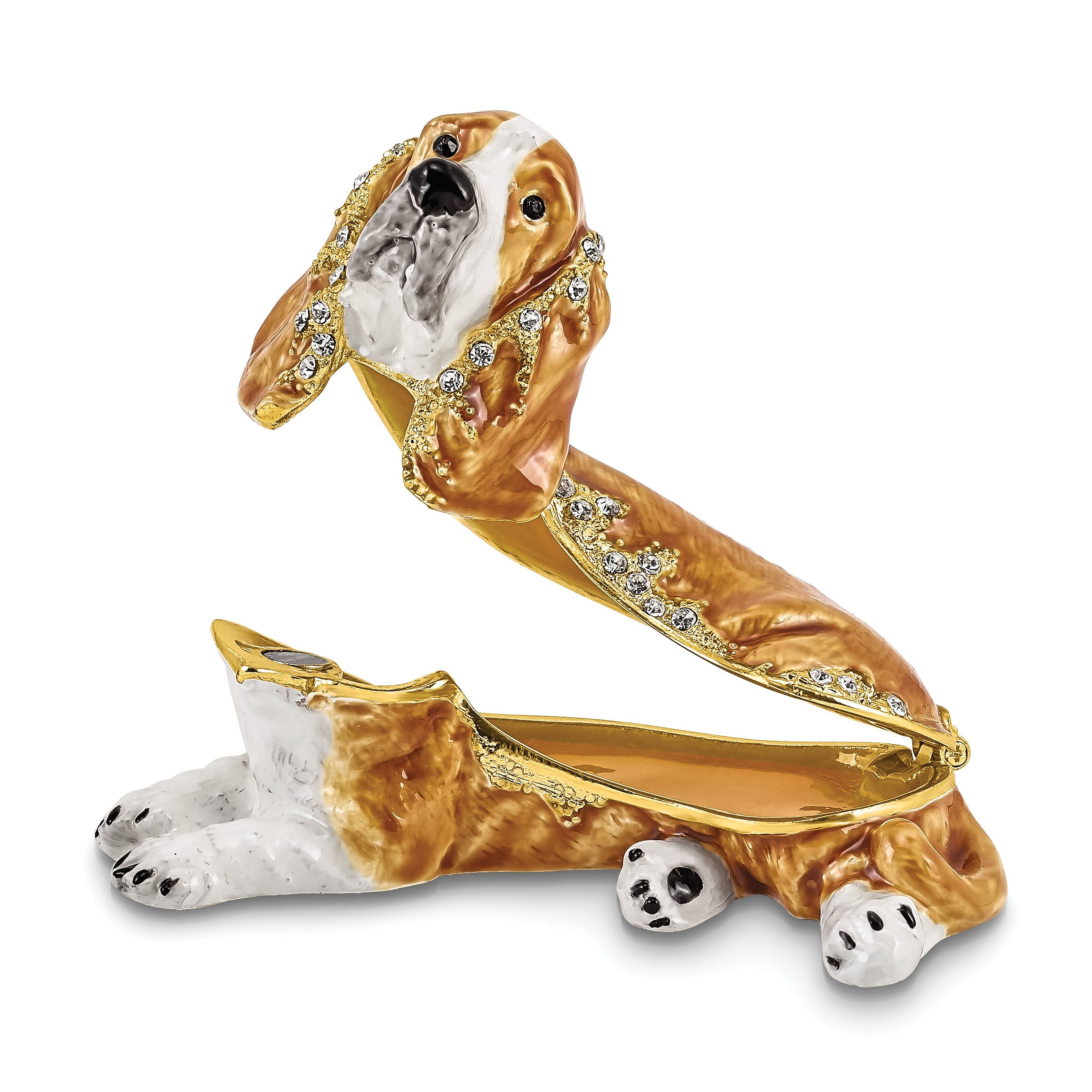 Luxury Giftware by Jere Pewter Bejeweled Crystals Gold-tone Enameled OTIS Bassett Hound Trinket Box with Matching 18 Inch Necklace